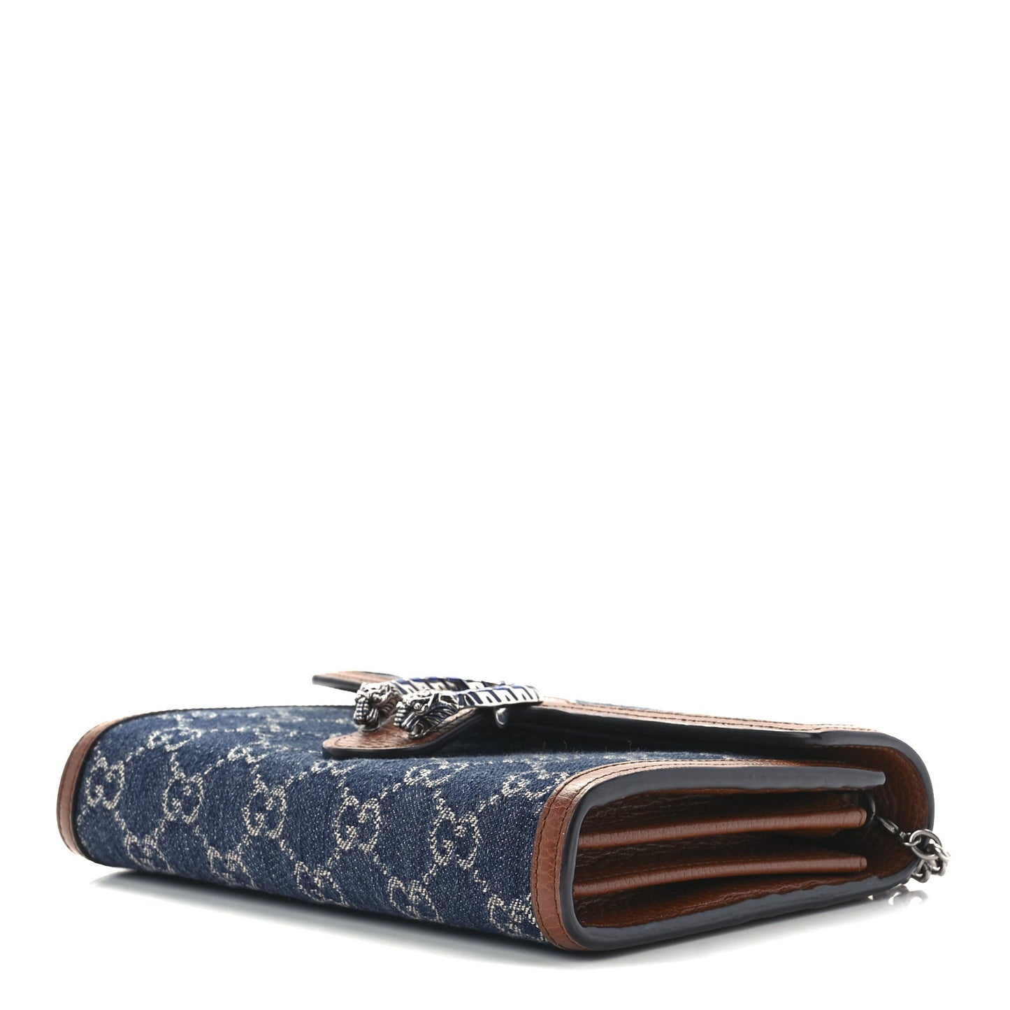 New Denim GG Monogram Dollar Calfskin Enamel Mini Dionysus Chain Wallet Blue Tea Cuir Epilog Electric Blue