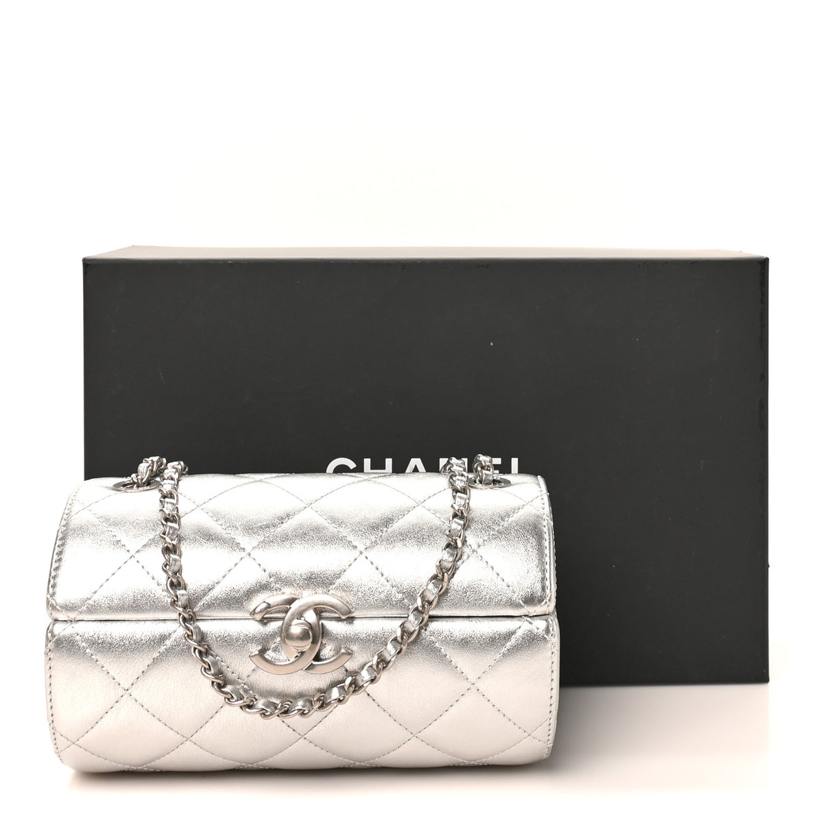 Metallic Lambskin Quilted Barrel Crossbody Bag Silver