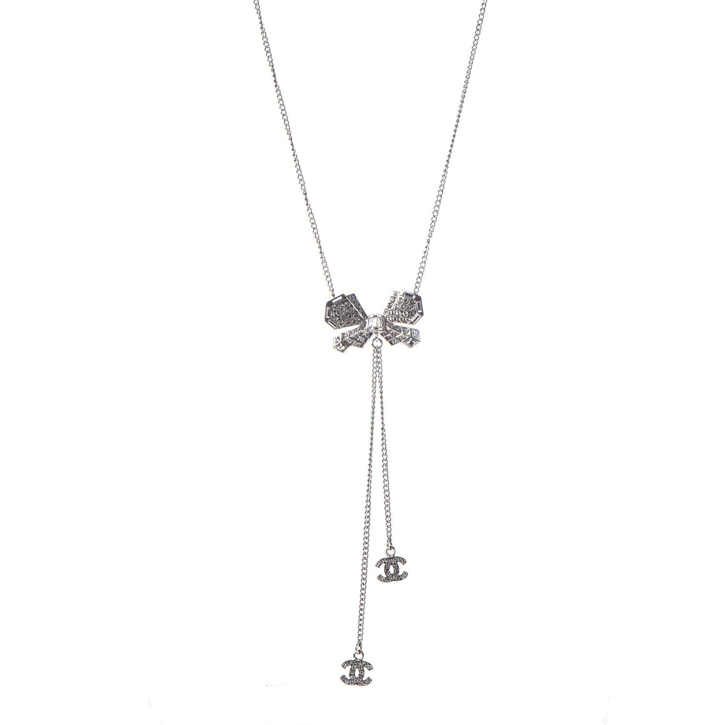 Crystal CC Bow Drop Necklace Silver