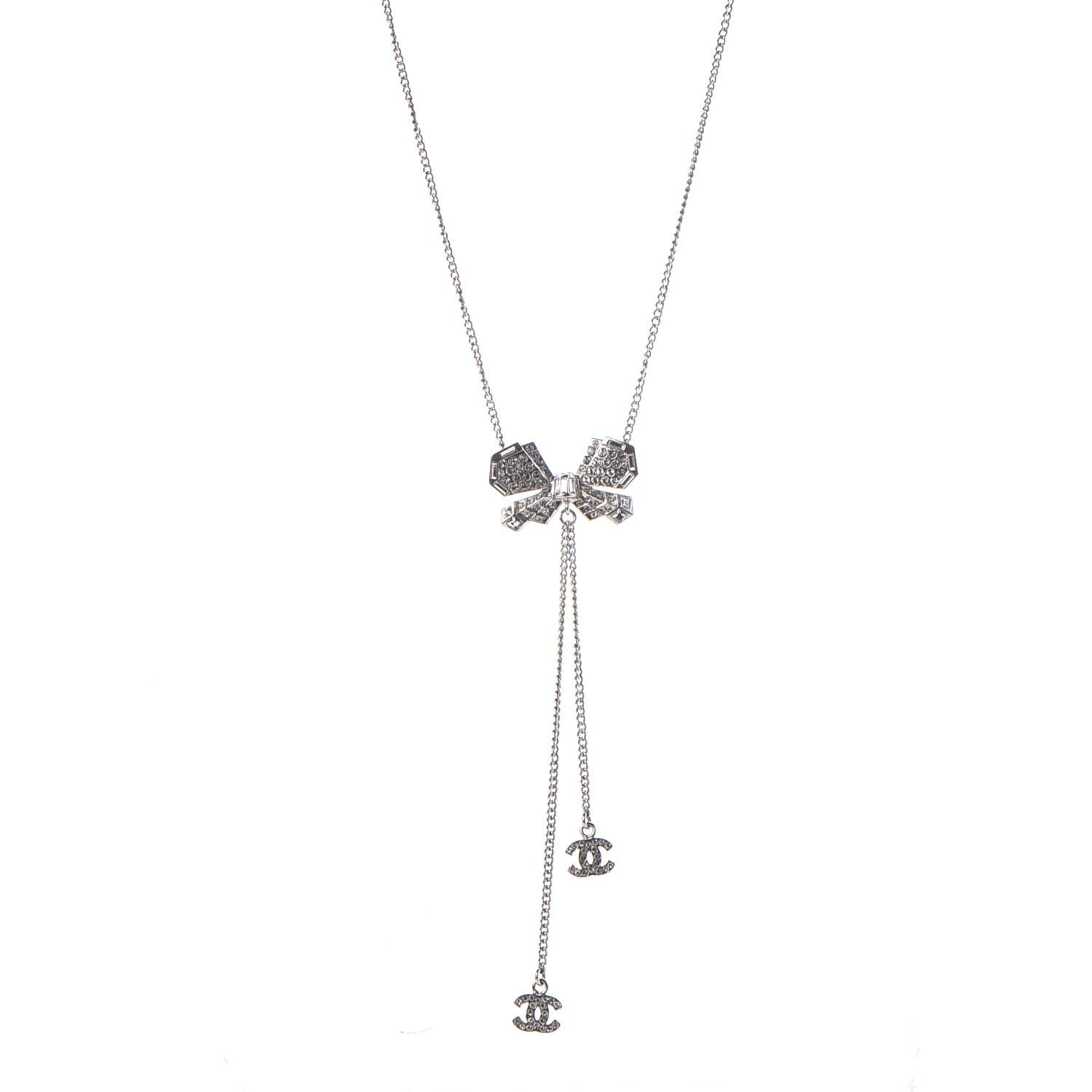 Chanel Crystal CC Bow Drop Necklace Silver 1 of 5