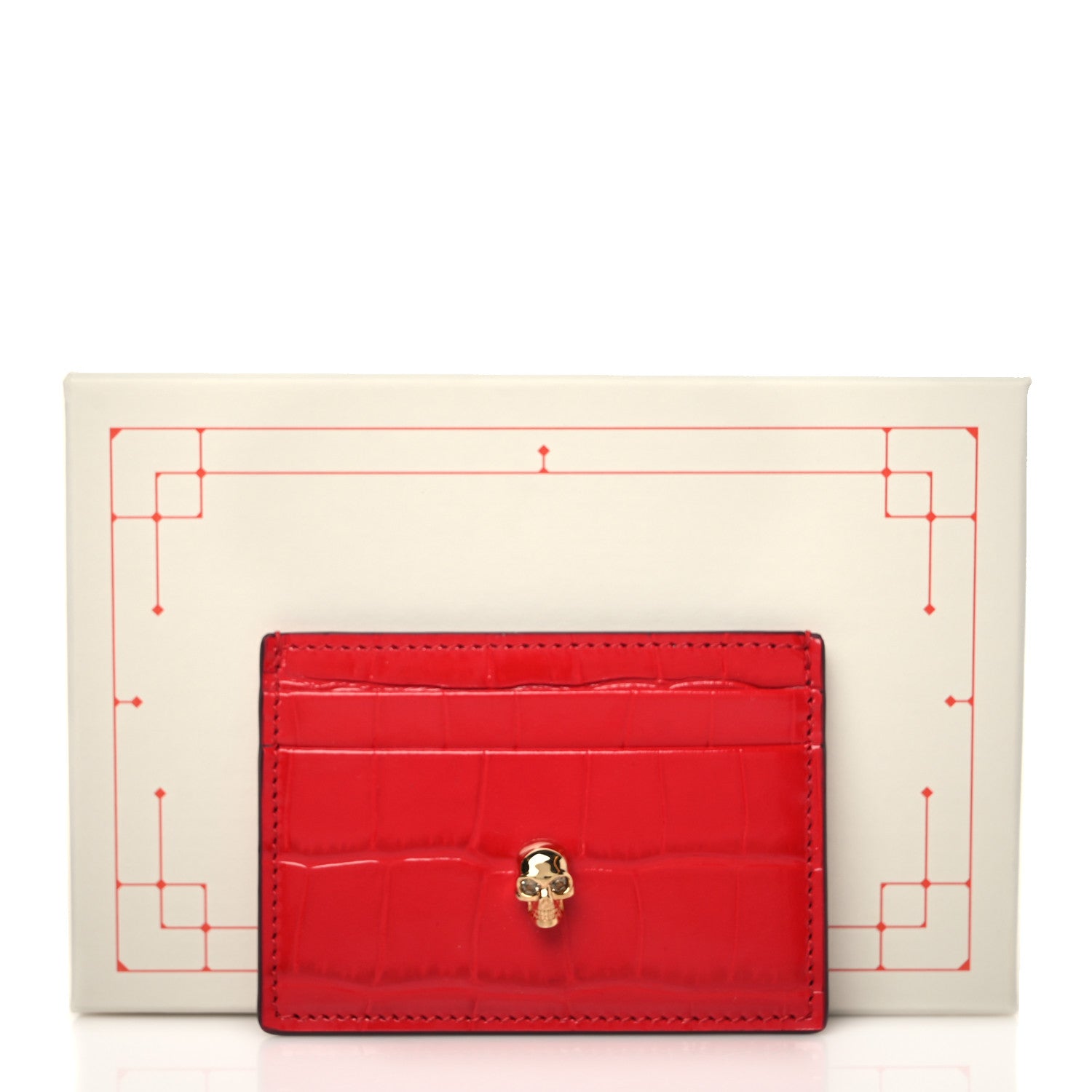 Alexander McQueen Calfskin Crocodile Embossed Skull Card Holder Scarlet Red 8 of 8