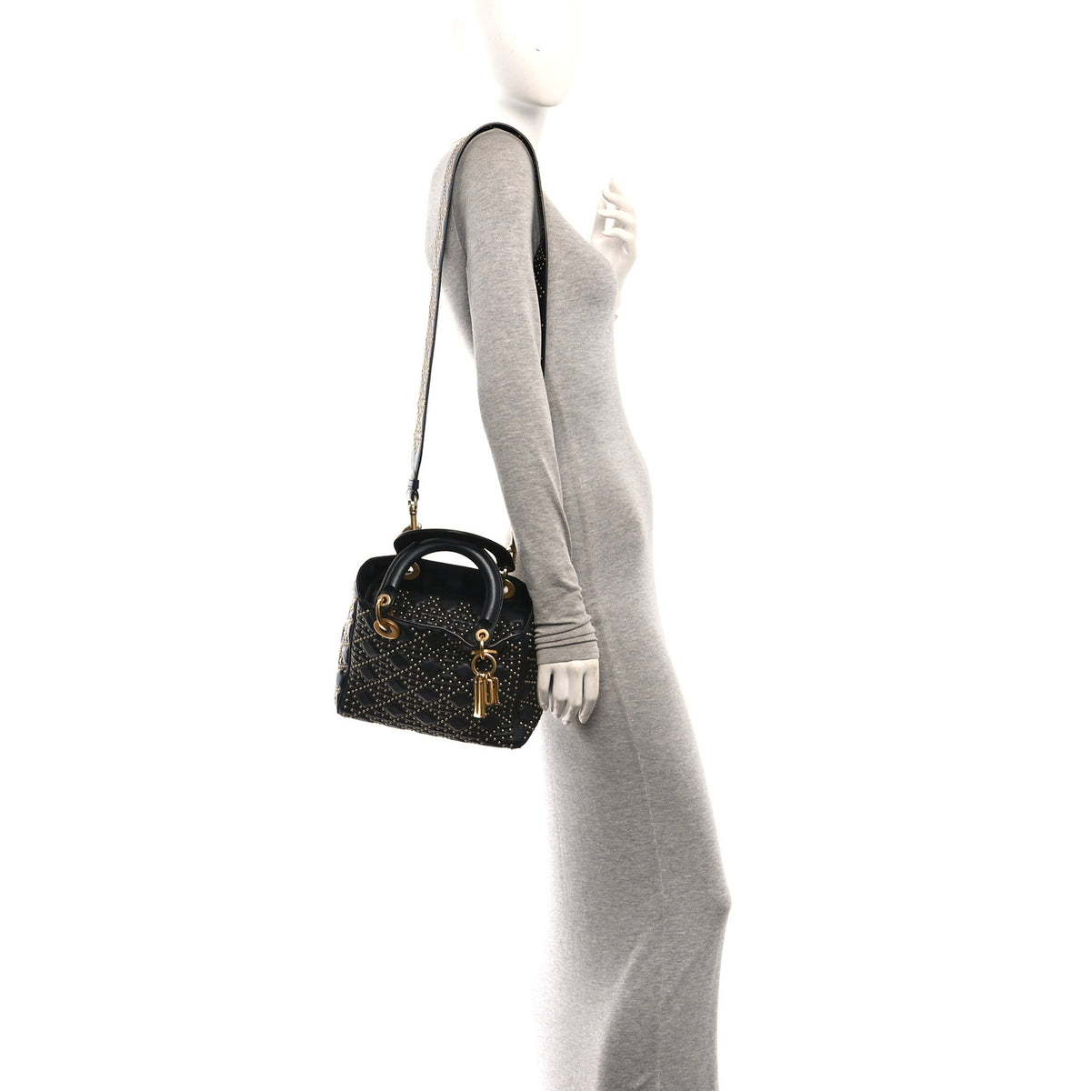 Calfskin Cannage Studded Medium Supple Lady Dior Black