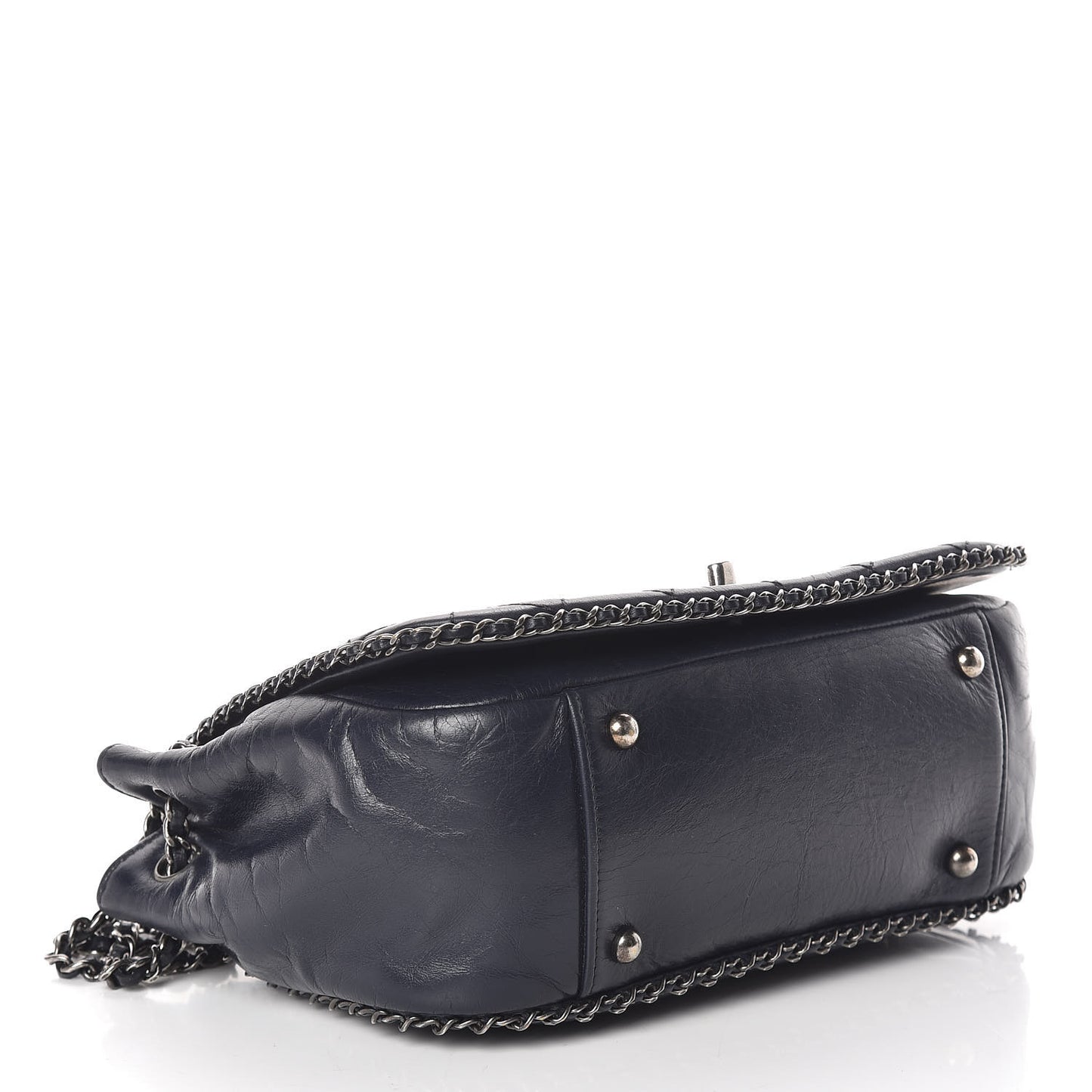 Glazed Calfskin Quilted Small CC Enchained Accordion Flap Dark Navy Blue
