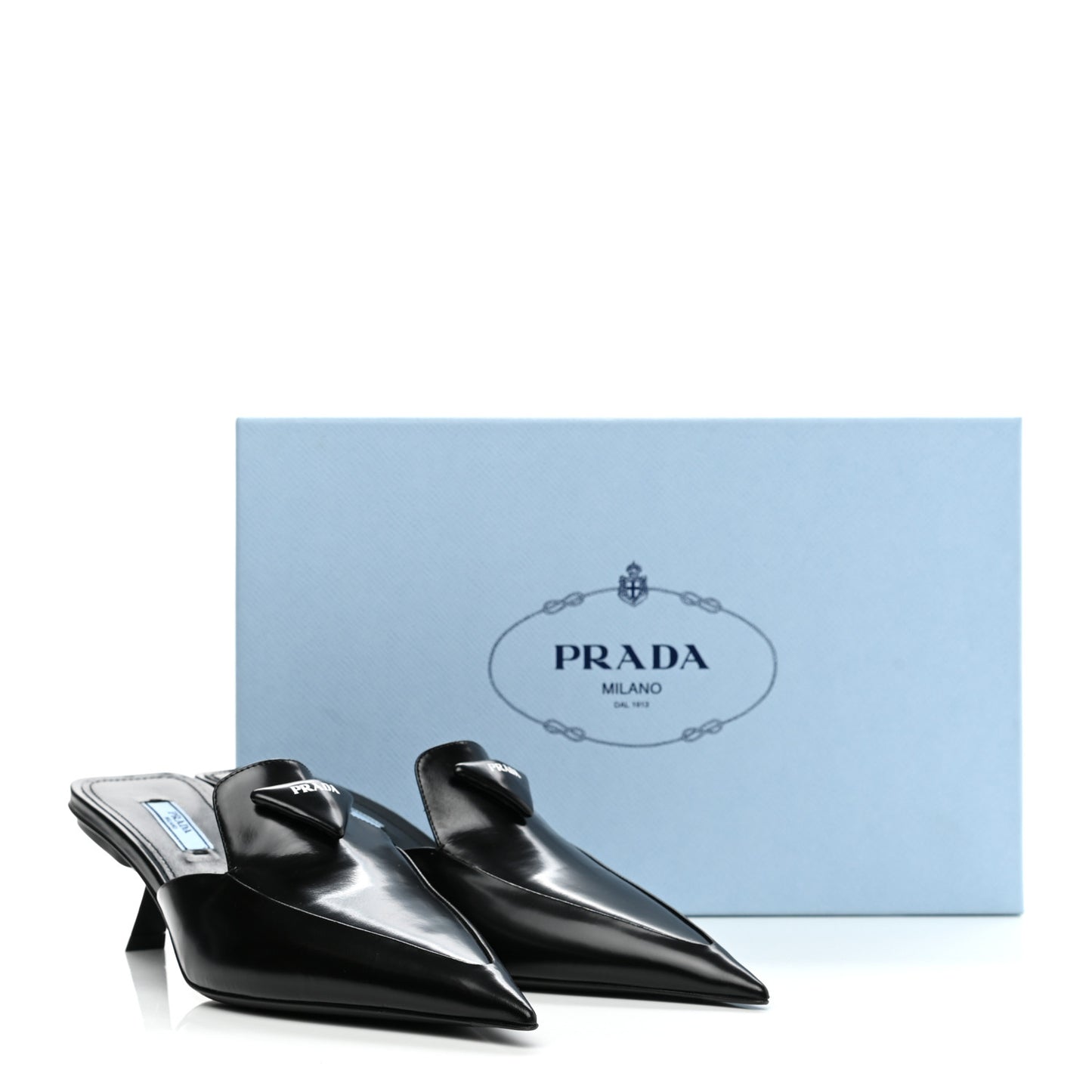 Spazzolato Triangle Logo Pointed Toe 55mm Mules 38 Black