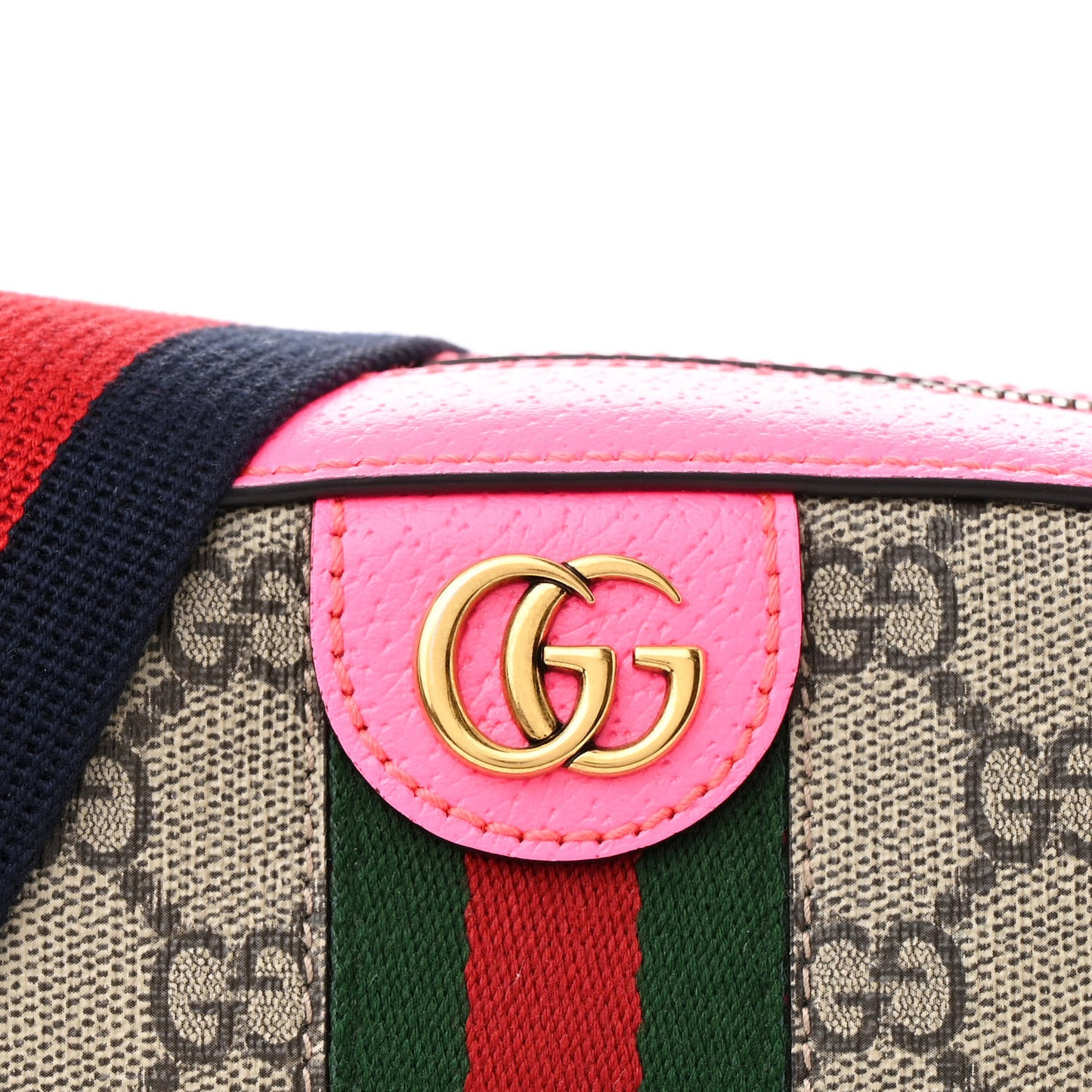 GG Supreme Monogram Textured Dollar Calfskin Web Ophidia Small Crossbody Bag Beige Ebony Fuchsia