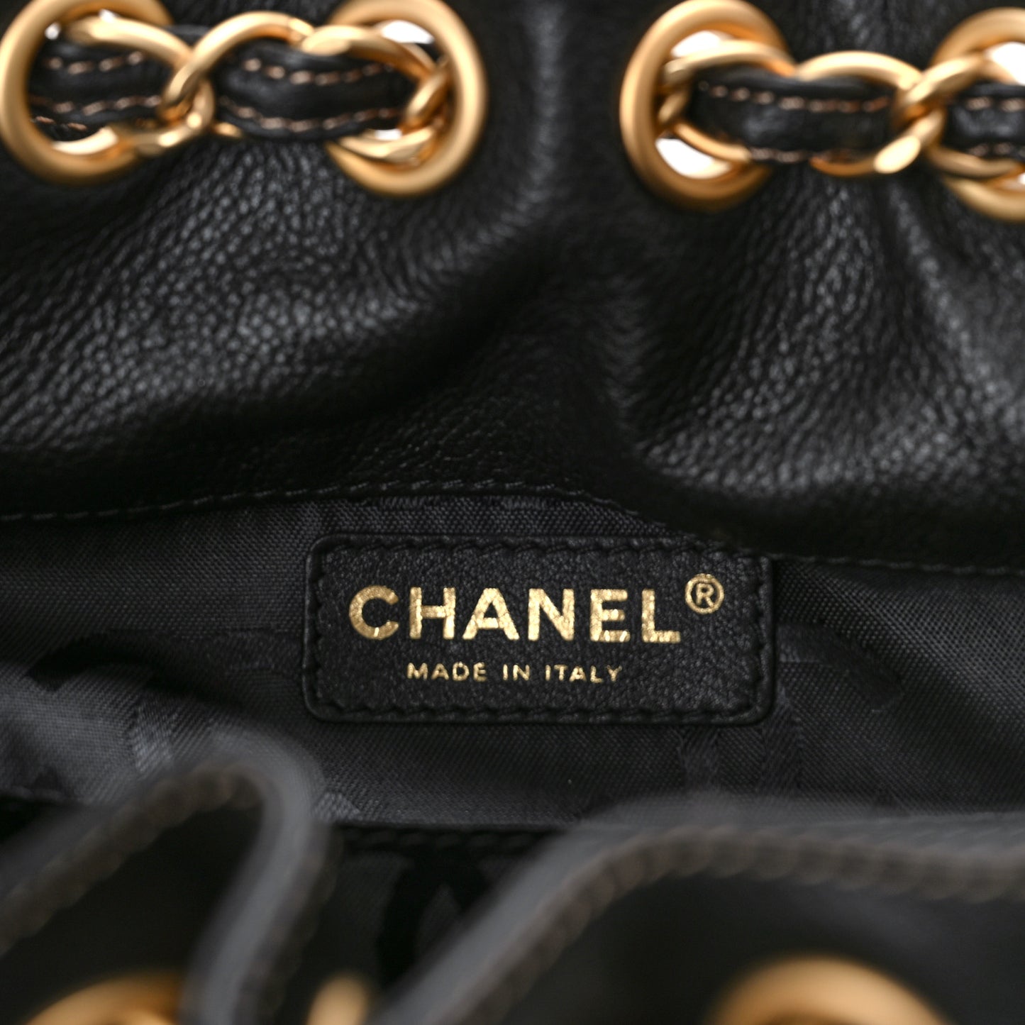 Grained Calfskin CC Drawstring Bucket Bag Black