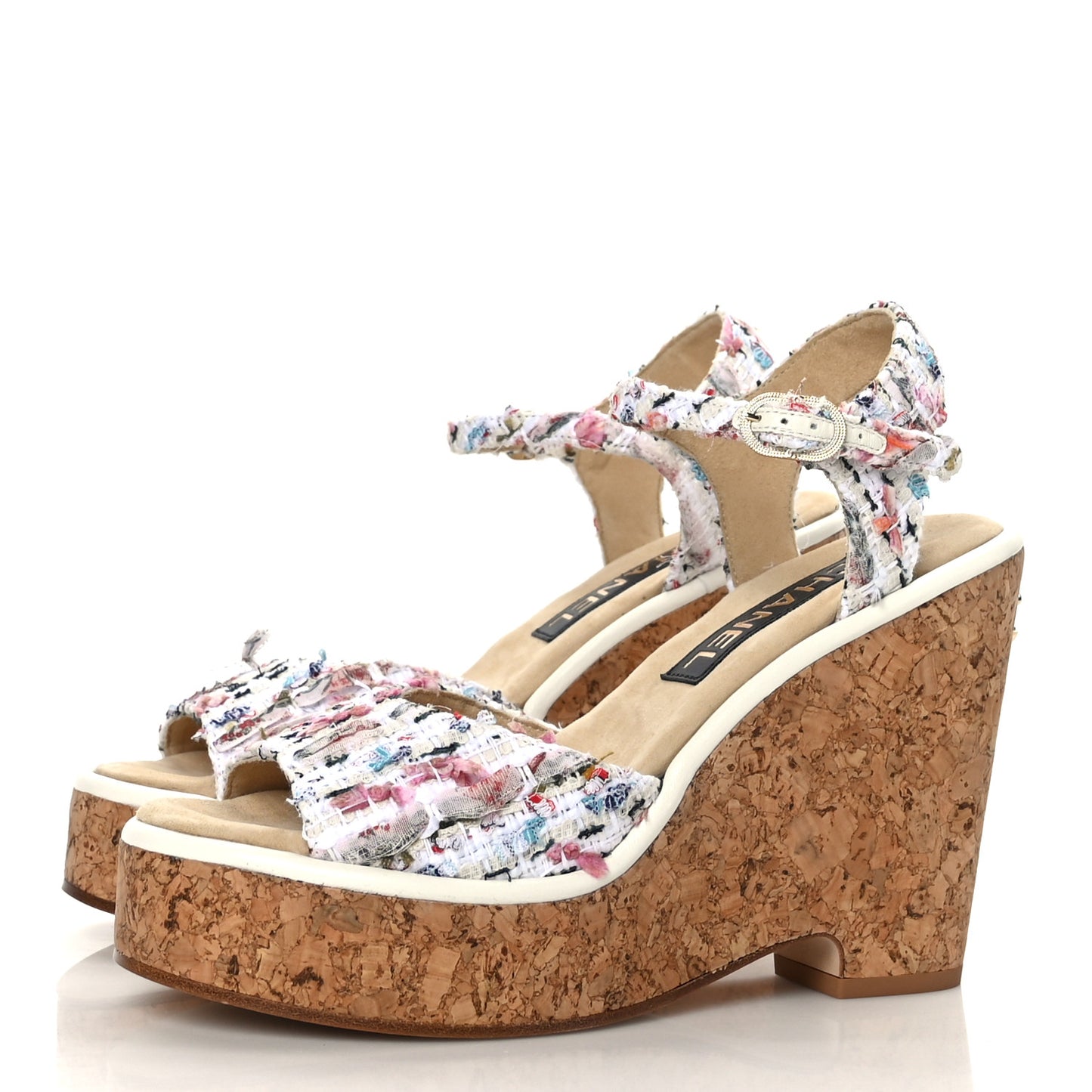 Tweed Cork CC Wedge Sandals 39 Ecru Pink Blue Green