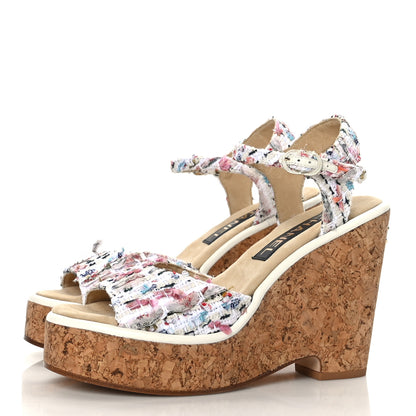 Chanel Tweed Cork CC Wedge Sandals 39 Ecru Pink Blue Green 3 of 7