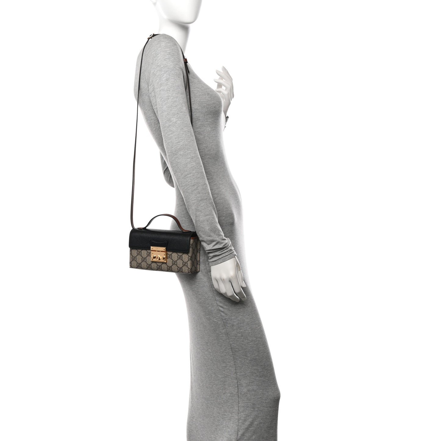 GG Supreme Monogram Calfskin Mini Padlock Top Handle Shoulder Bag Beige Black Cuir