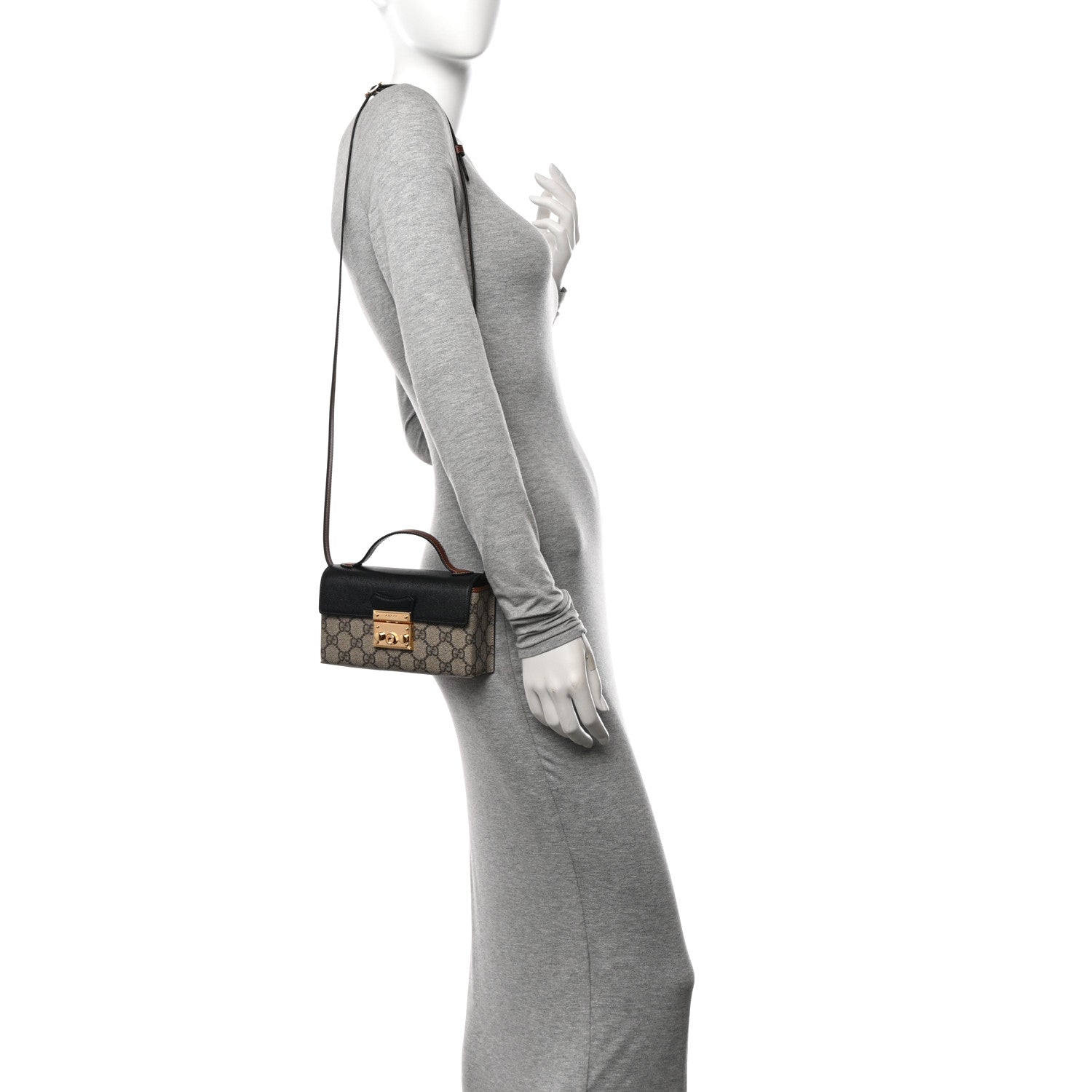Gucci GG Supreme Monogram Calfskin Mini Padlock Top Handle Shoulder Bag Beige Black Cuir 2 of 11