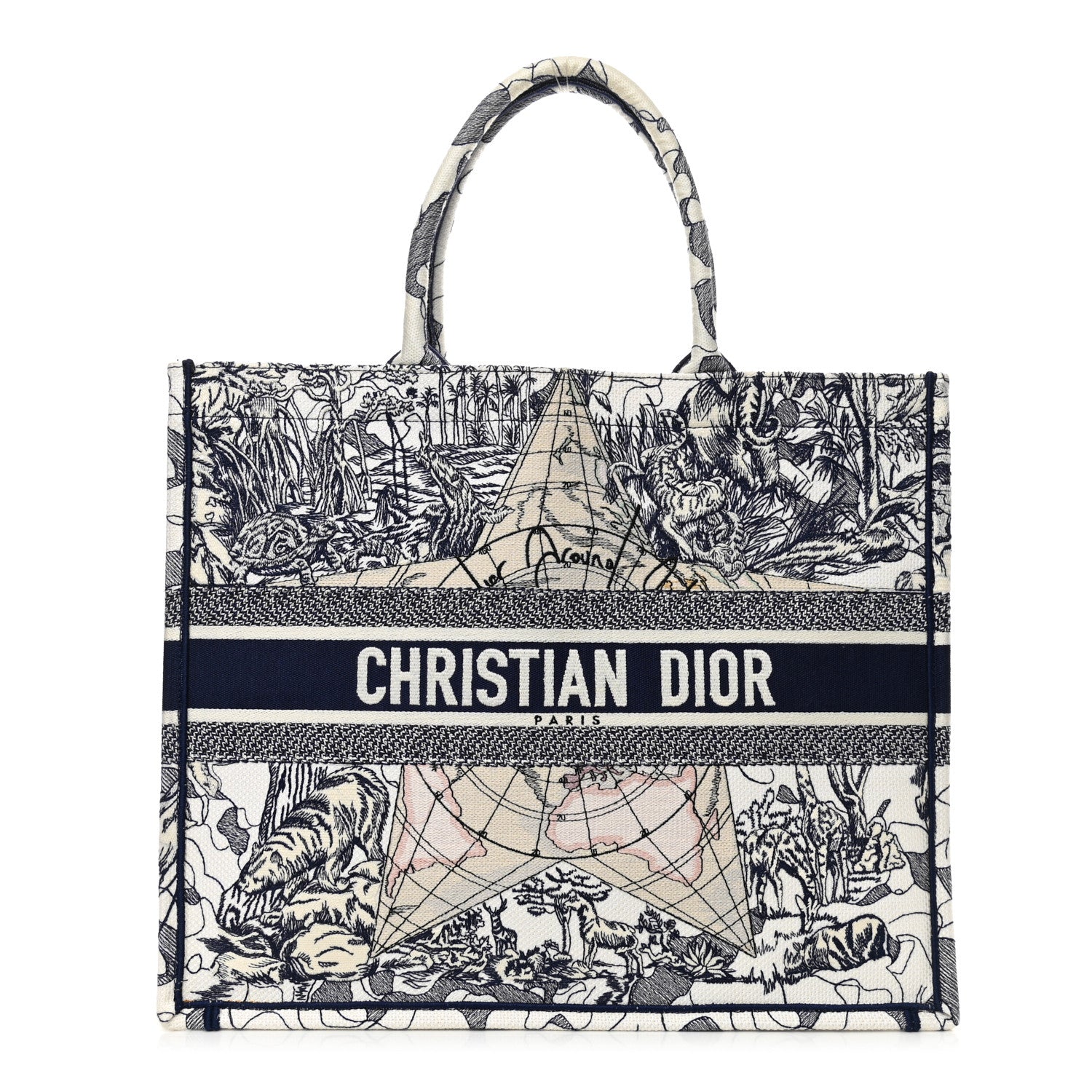 Christian Dior Canvas Embroidered Large Around The World Book Tote Blue 1 of 10