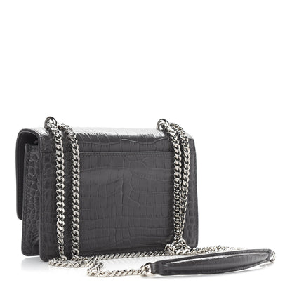 Saint Laurent Calfskin Crocodile Embossed Monogram Sunset Chain Wallet Graphite 3 of 8