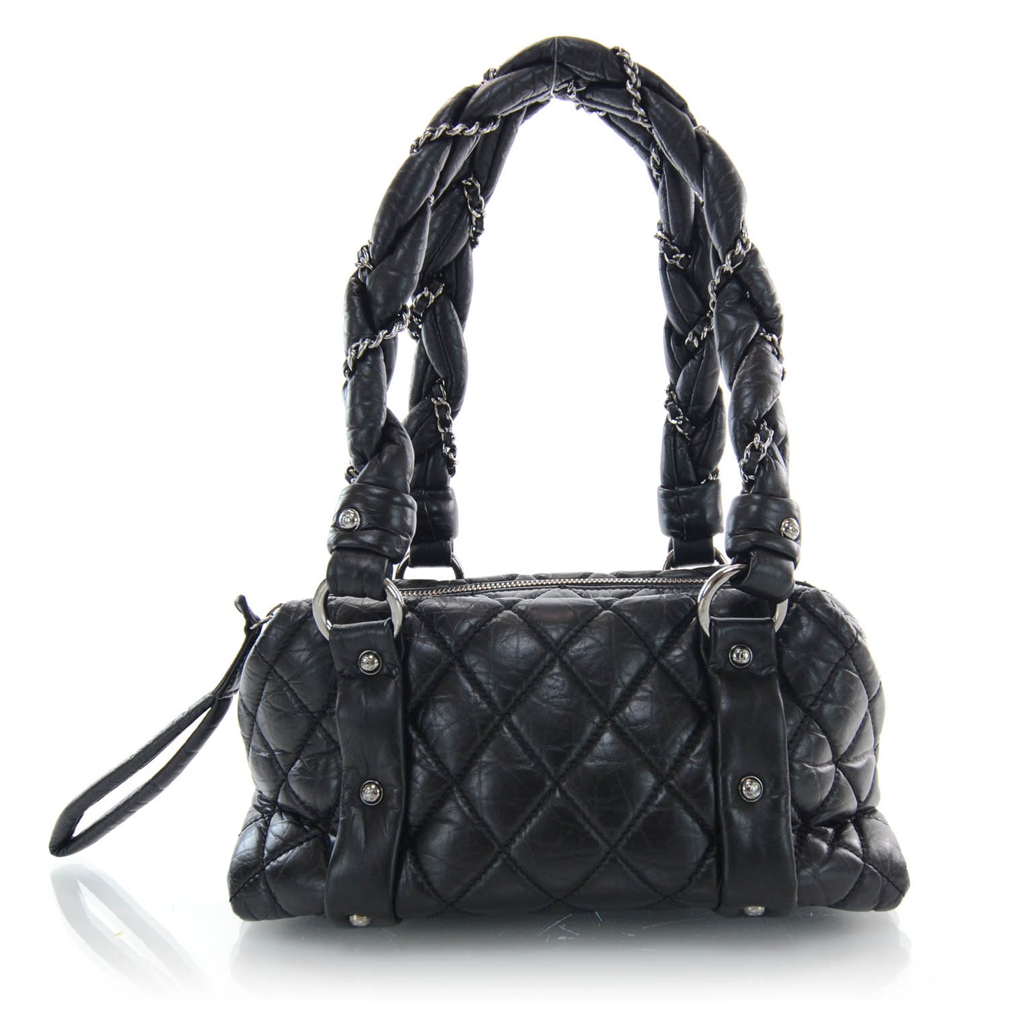 Distressed Lambskin Lady Braid Small Tote Black