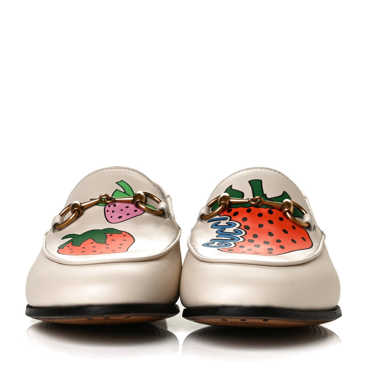 Gucci Calfskin Taste Strawberry Womens Brixton Horsebit Loafers 35.5 Ivory Red 2 of 9