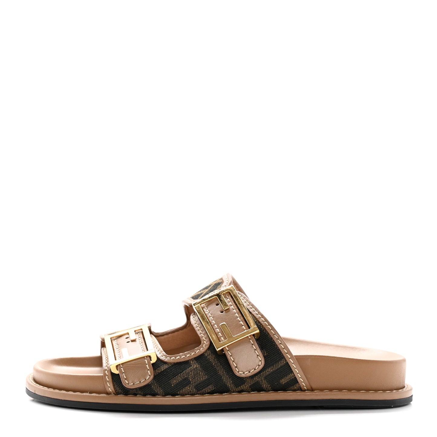 Fabric Jacquard Nappa FF Womens Fendi Feel Buckled Slide Sandals 37 Tobacco Black Miele Scuro