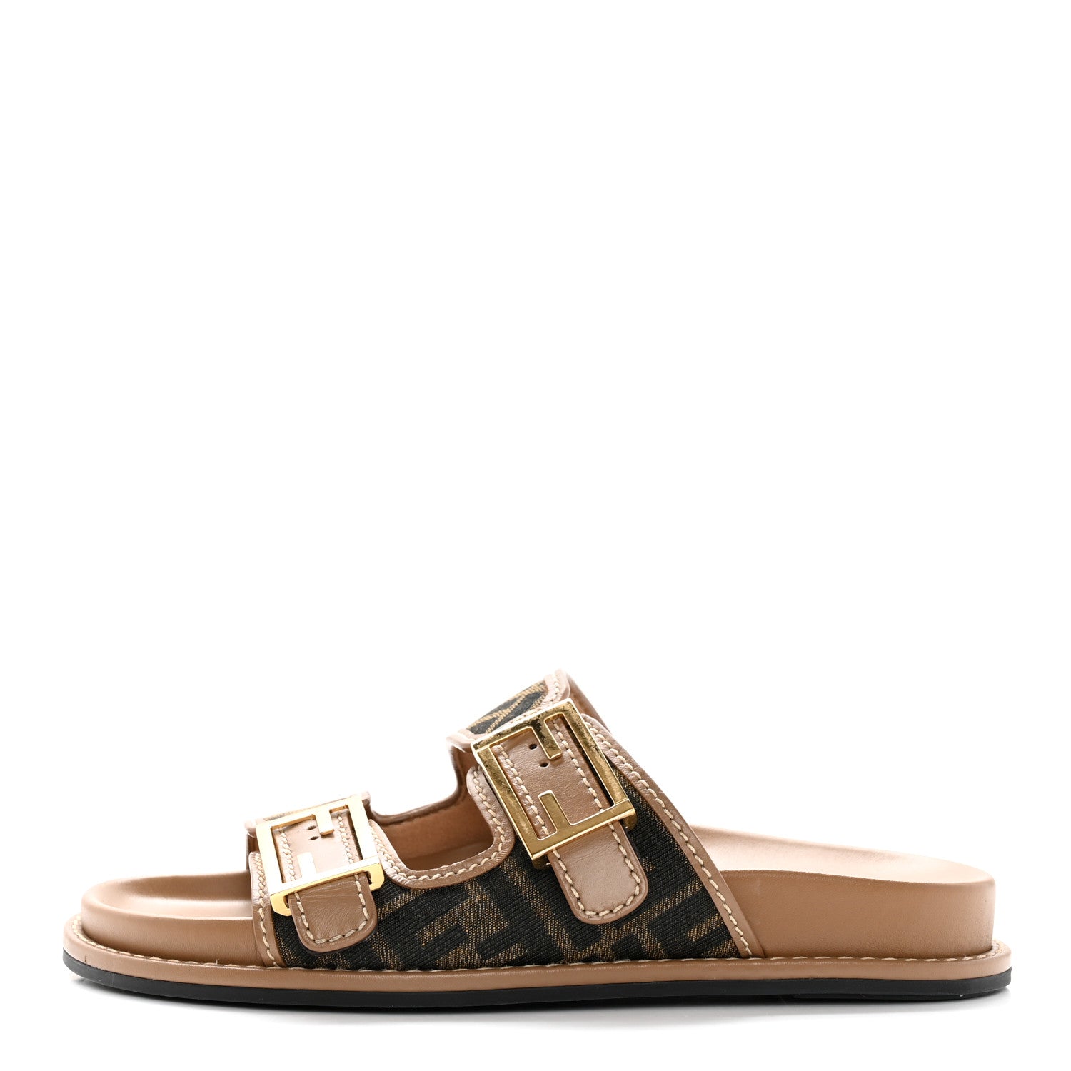 Fendi Fabric Jacquard Nappa FF Womens Fendi Feel Buckled Slide Sandals 37 Tobacco Black Miele Scuro 1 of 14