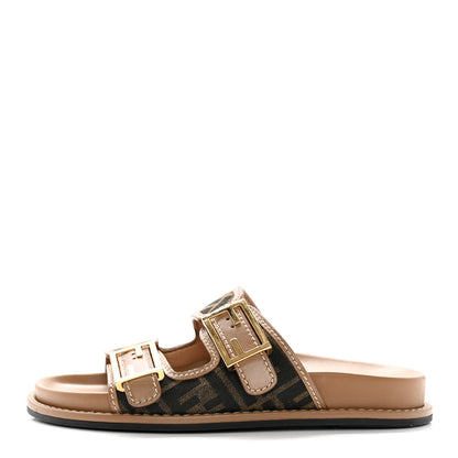 Fendi Fabric Jacquard Nappa FF Womens Fendi Feel Buckled Slide Sandals 37 Tobacco Black Miele Scuro 1 of 14