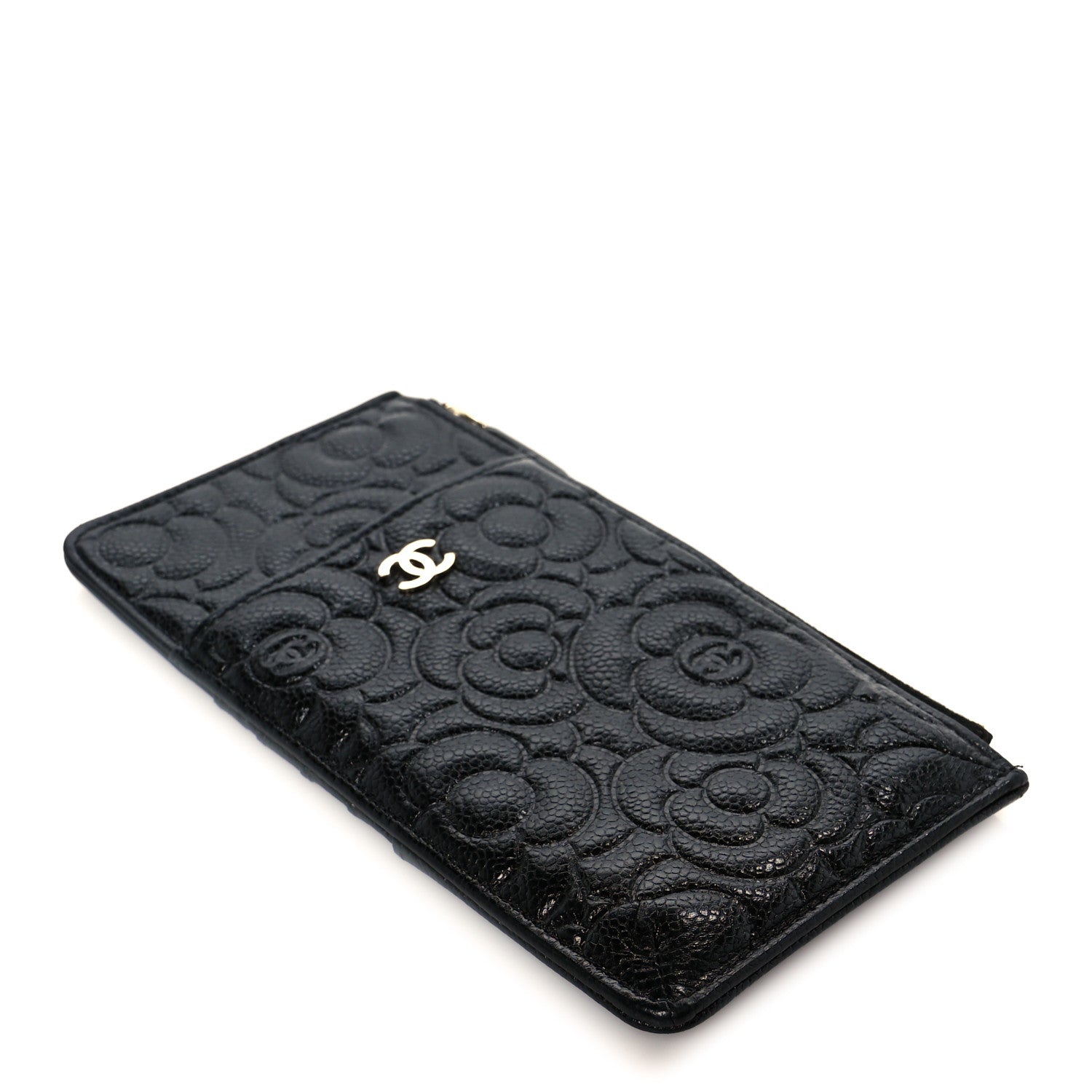 Chanel Caviar Camellia Embossed Classic Flat Wallet Pouch Black 4 of 8