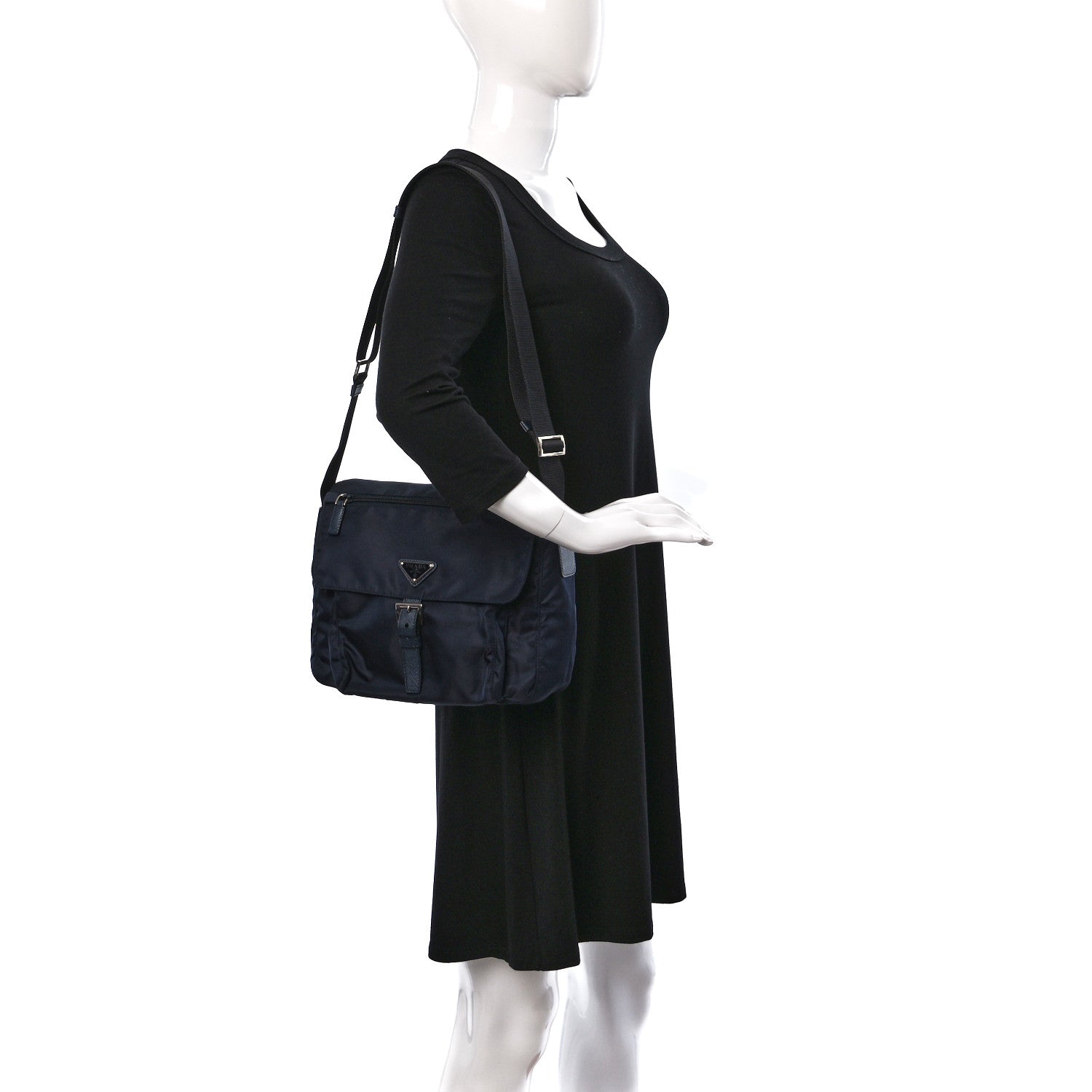 Prada Nylon Vela Saffiano Single Buckle Messenger Shoulder Bag Blue Black 2 of 8