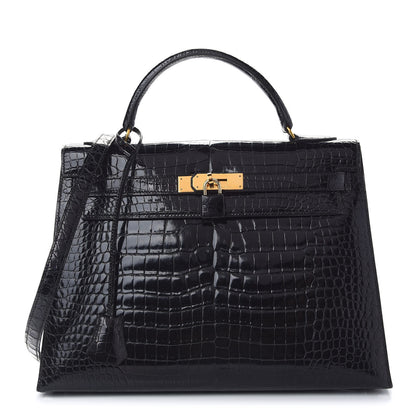 Hermes Shiny Porosus Crocodile Kelly Sellier 32 Black 1 of 12