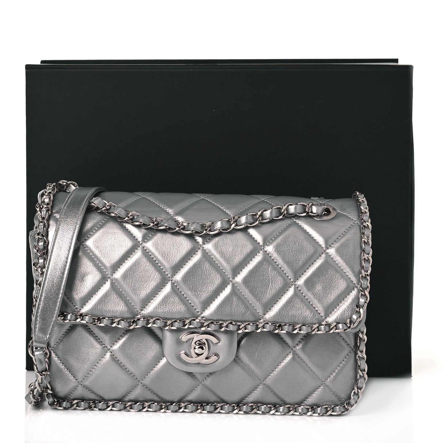 Metallic Lambskin Medium Chain All Over Flap Silver