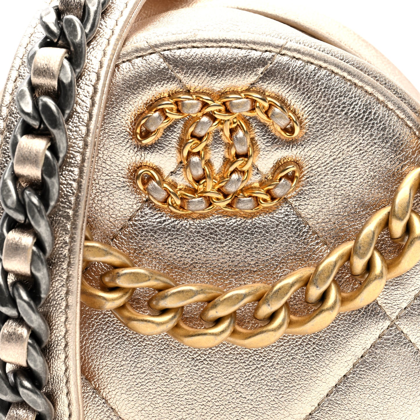 Metallic Lambskin Quilted Chanel 19 Round Clutch With Chain Gold