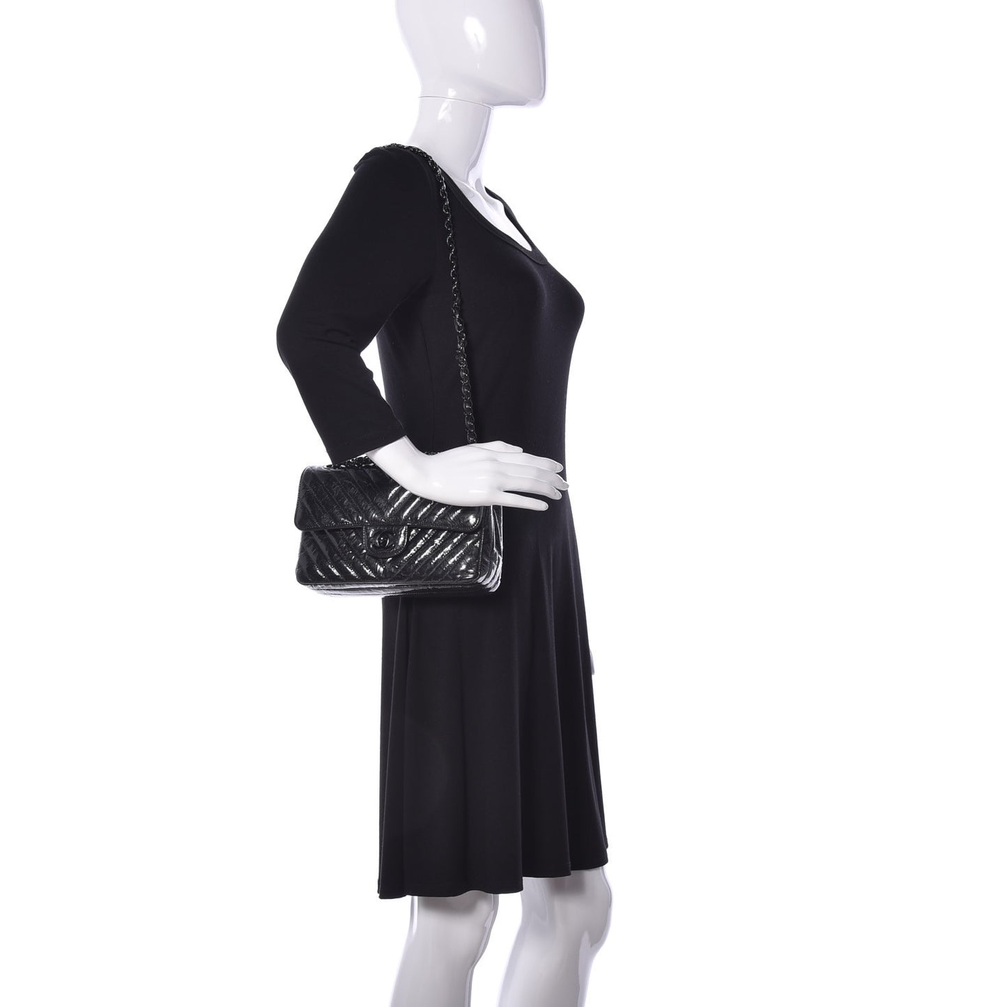 Patent Crumpled Calfskin Chevron Quilted Small Double Flap So Black