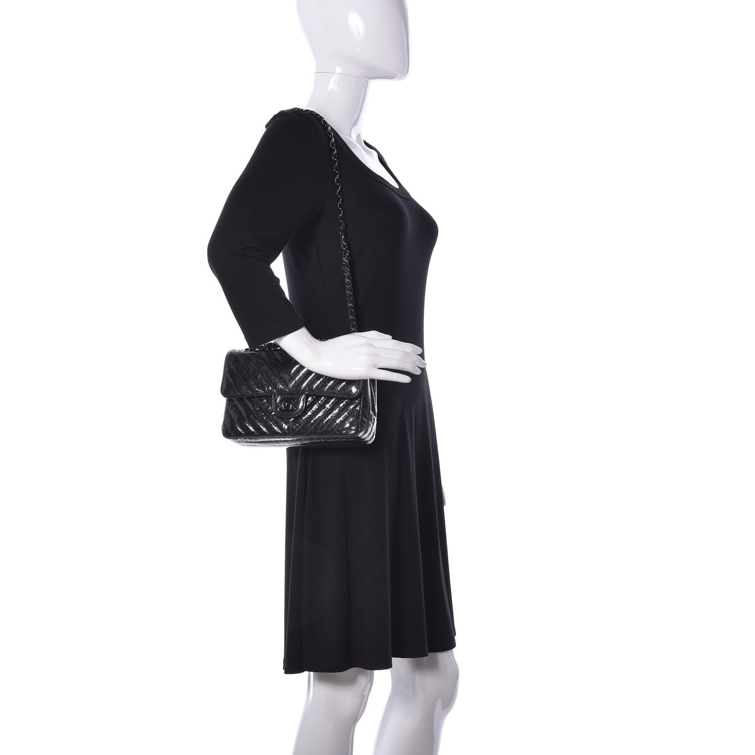 Chanel Patent Crumpled Calfskin Chevron Quilted Small Double Flap So Black 3 of 10