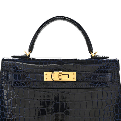 Hermes Shiny Porosus Crocodile Mini Kelly Sellier 20 Havane Bleu Marine 8 of 10