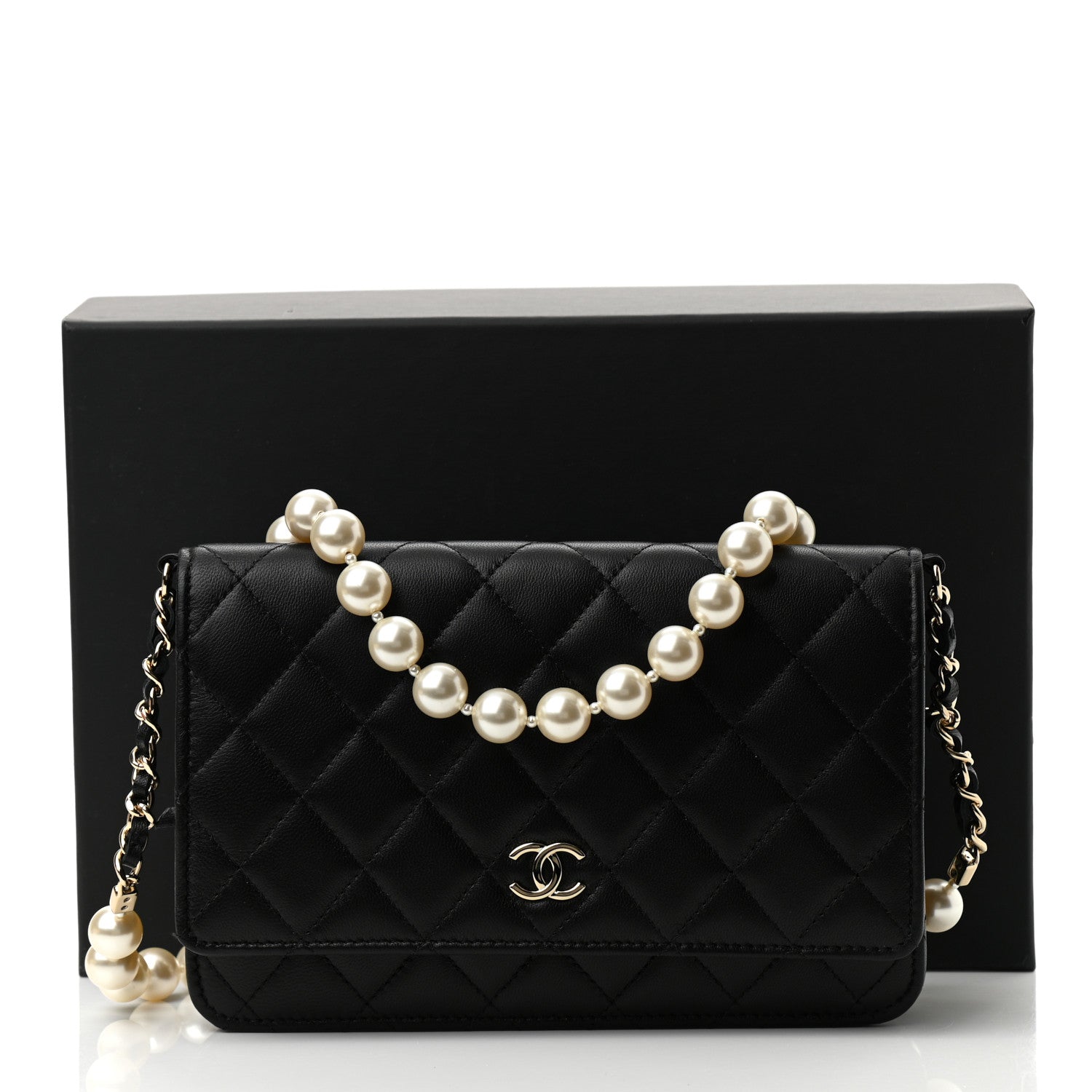 Chanel Lambskin Quilted Pearl Wallet On Chain WOC Black 11 of 11