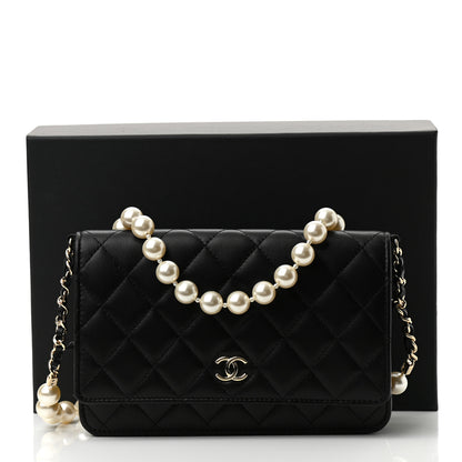 Chanel Lambskin Quilted Pearl Wallet On Chain WOC Black 11 of 11