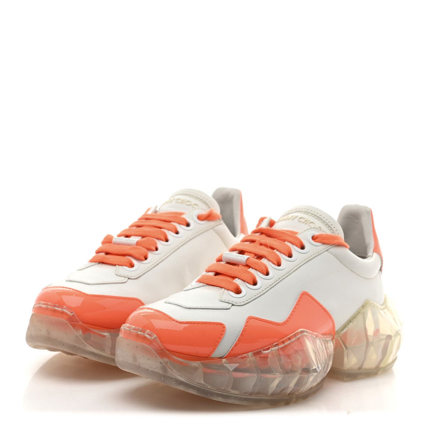X JK JEONG Calfskin Patent Womens Diamond Low Top Sneaker 35 White Orange