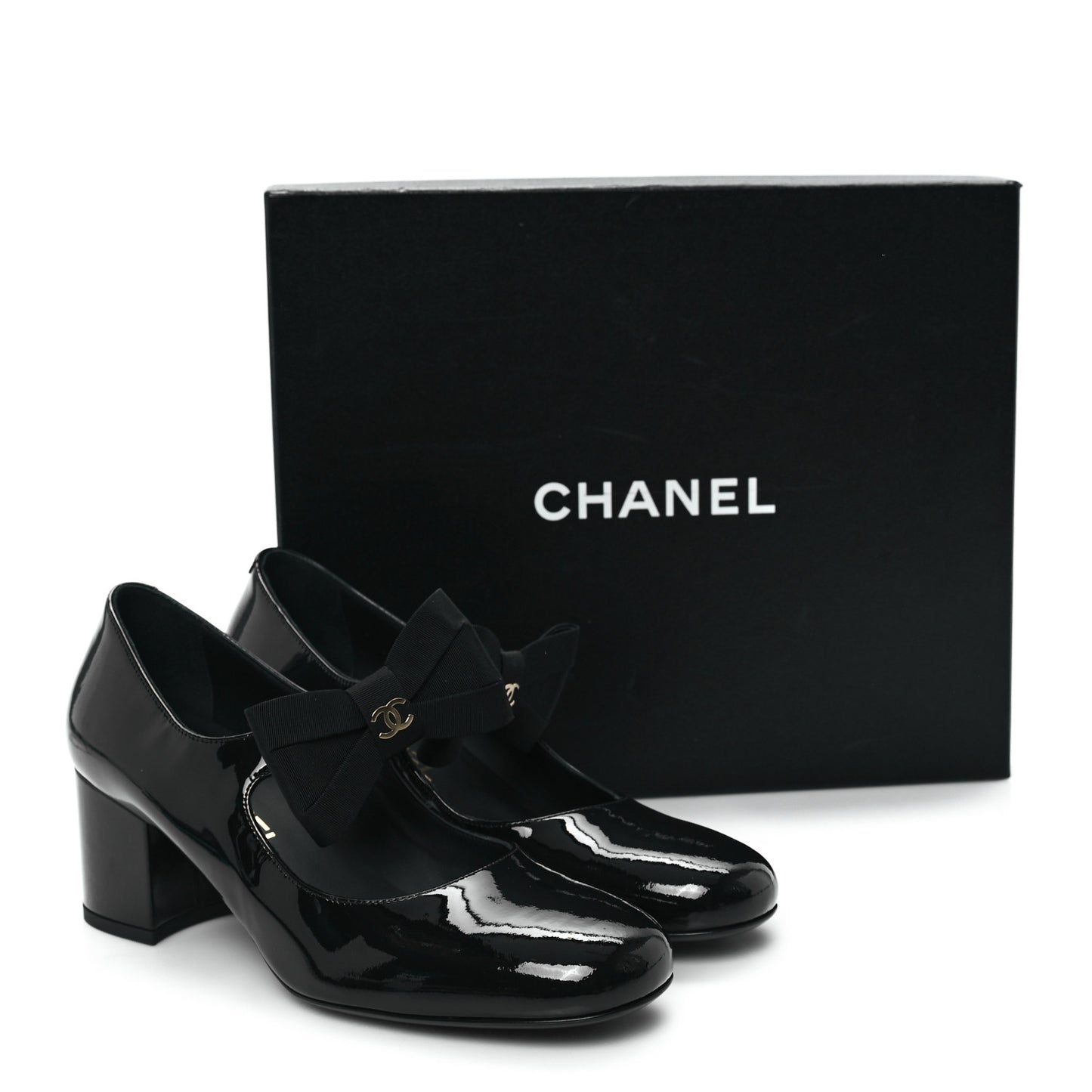Patent Calfskin Grosgrain CC Mary Jane Pumps 38.5 Black
