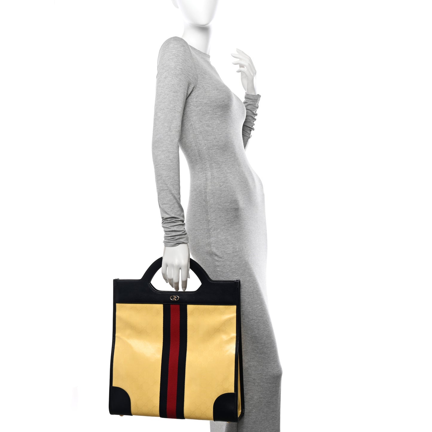 GG Supreme Monogram Textured Calfskin Web Medium Ophidia Slip Handle Tote Yellow
