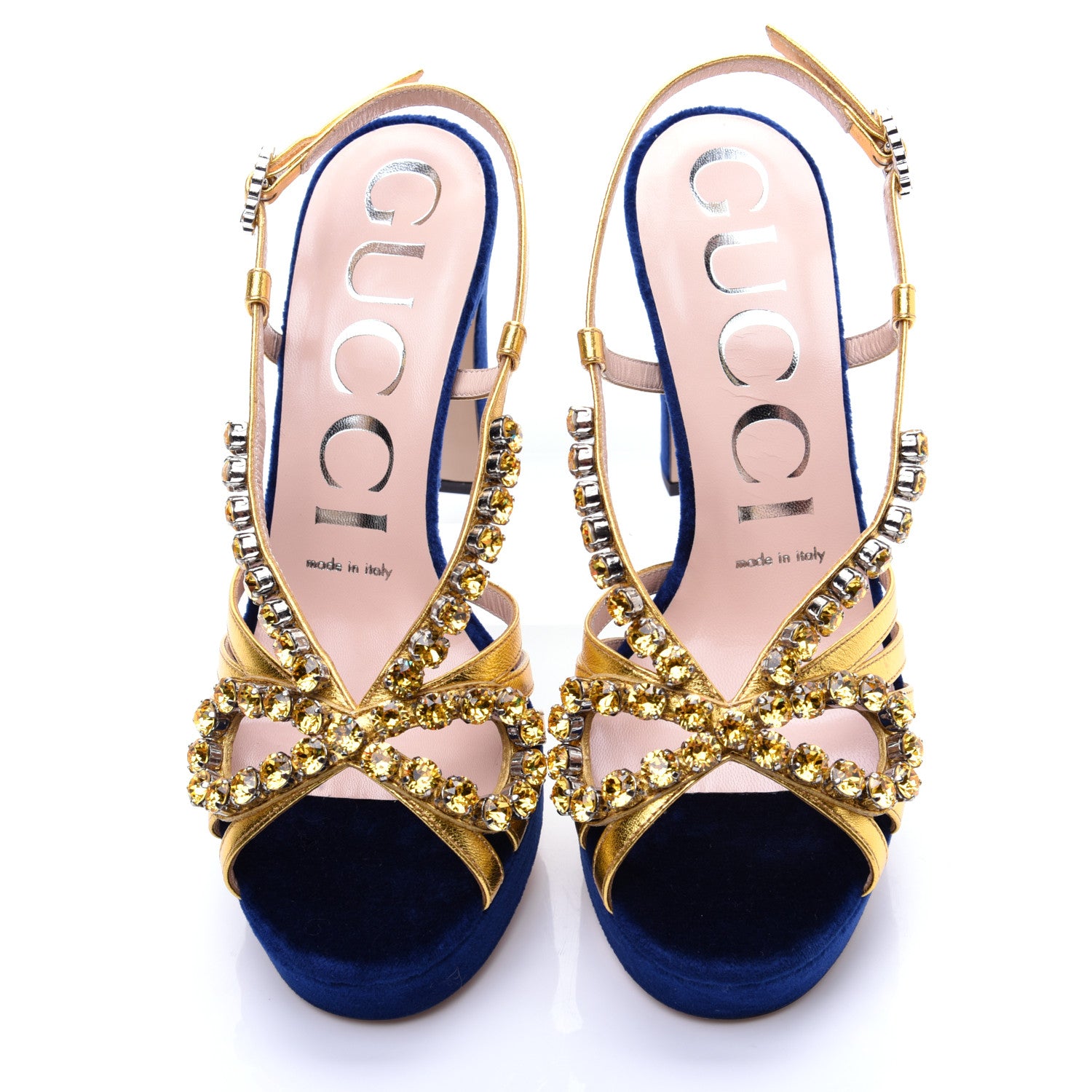 Gucci Velvet Nappa Crystal Zephyra Slingback Platform High Heel Sandals 36.5 Blue Gold 8 of 12