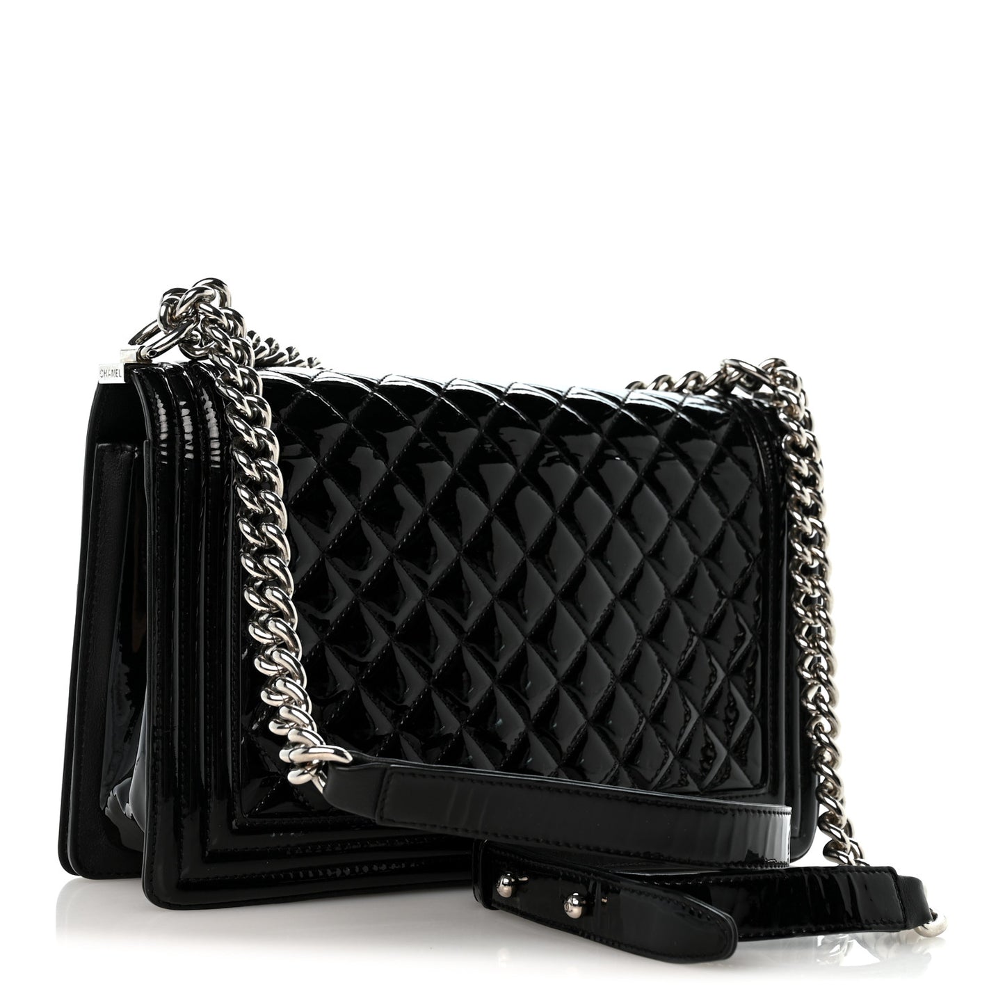 Patent Calfskin Quilted New Medium Plexiglass Boy Flap Black