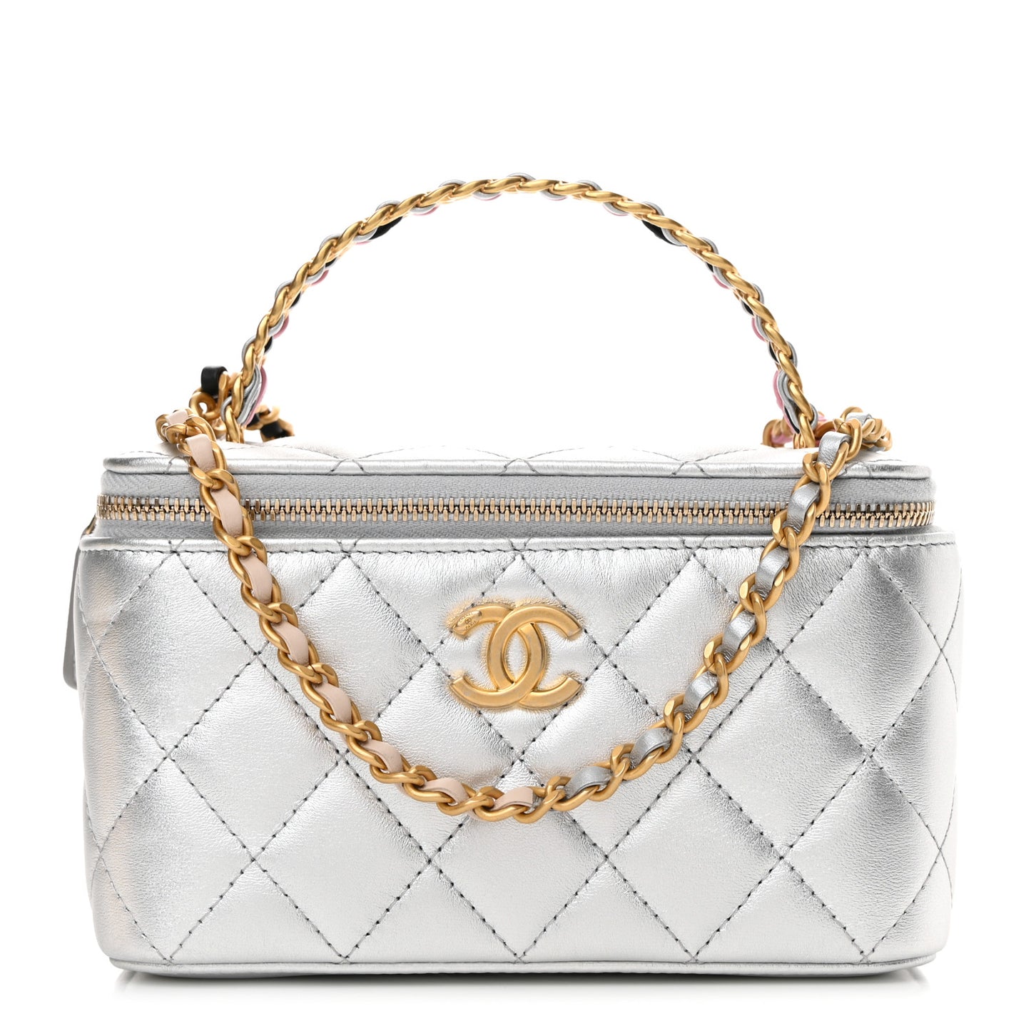 Metallic Lambskin Quilted Pick Me Up Vanity Case Silver