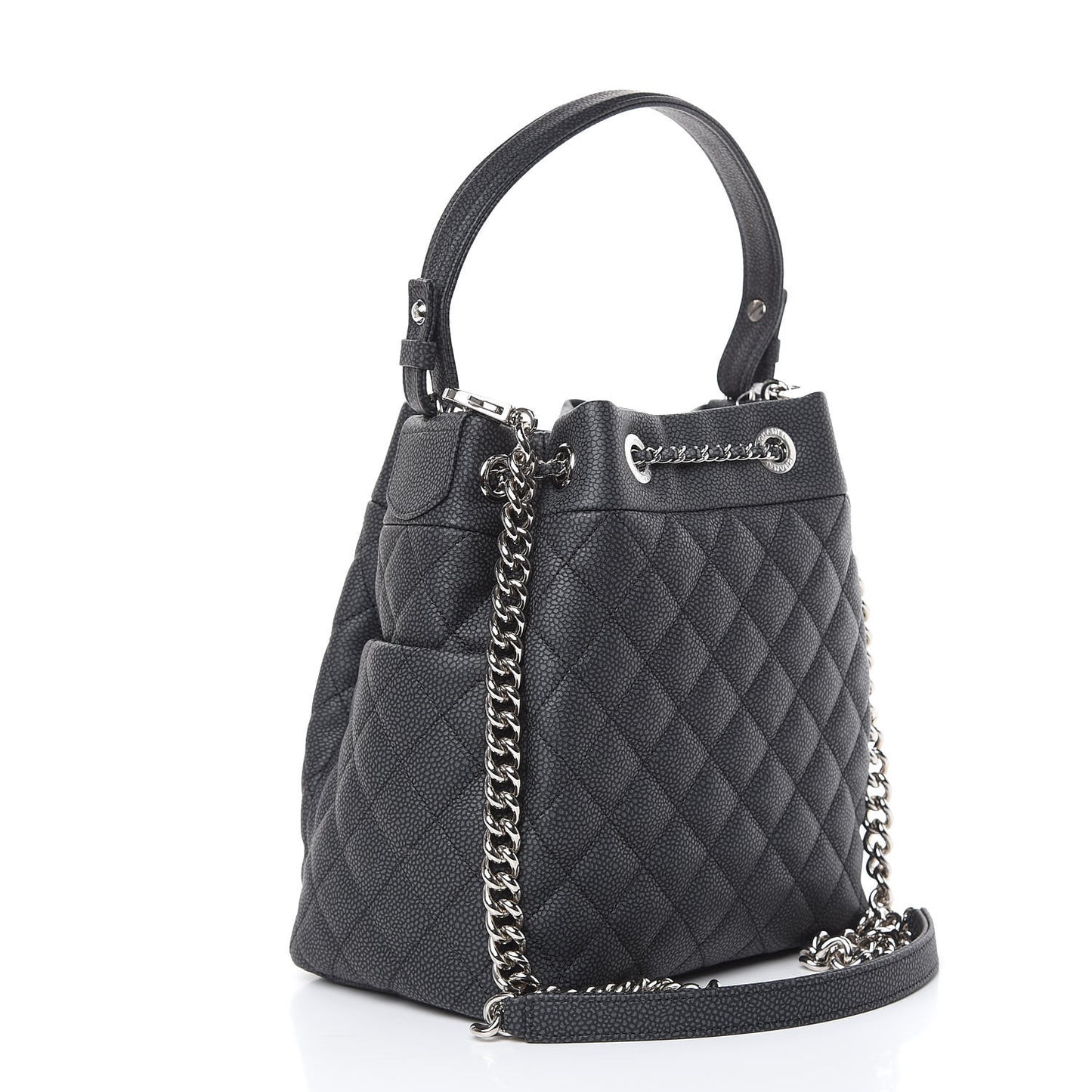 Caviar Flat Quilted CC Chain Bucket Drawstring Bag Black