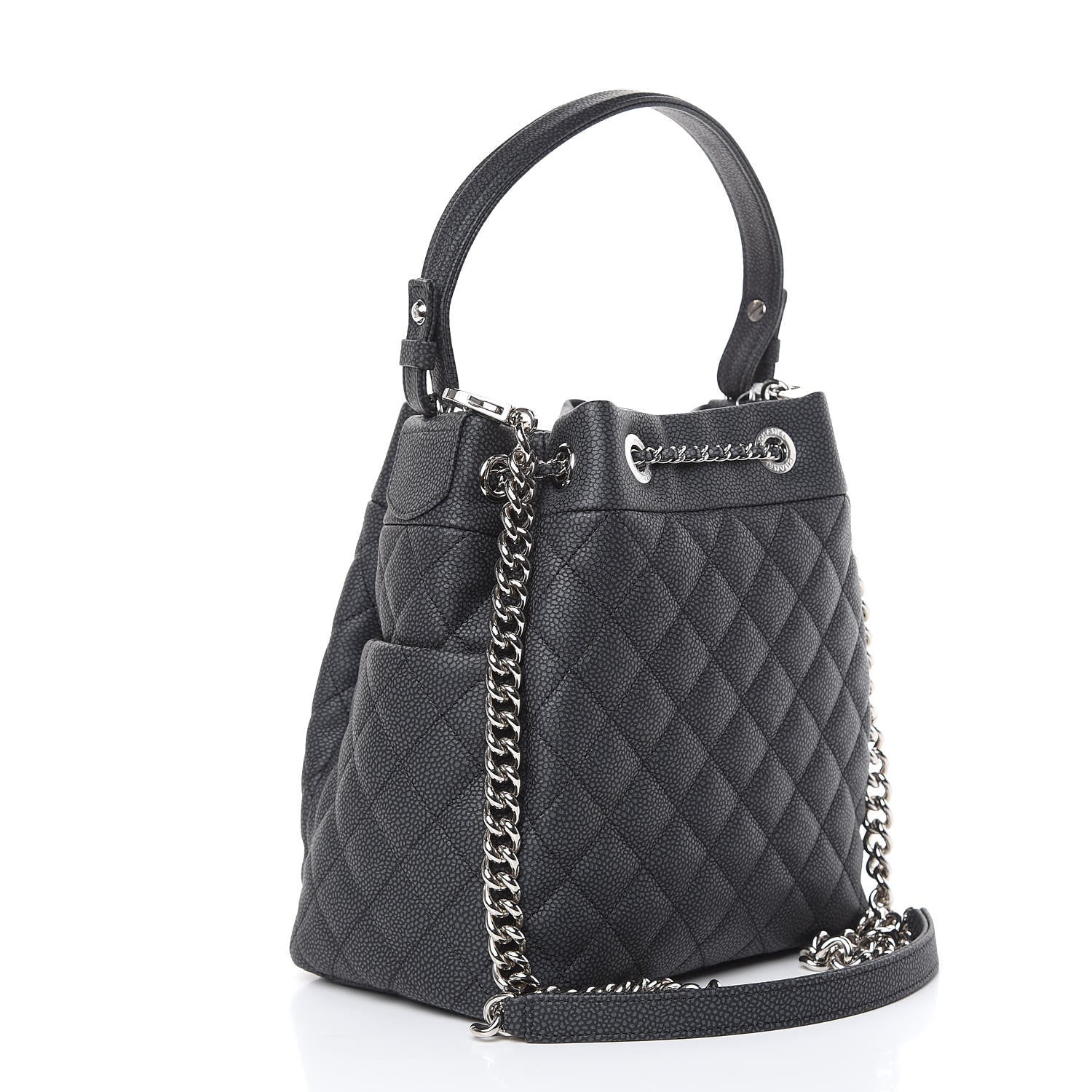 Chanel Caviar Flat Quilted CC Chain Bucket Drawstring Bag Black 3 of 10