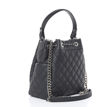Chanel Caviar Flat Quilted CC Chain Bucket Drawstring Bag Black 3 of 10