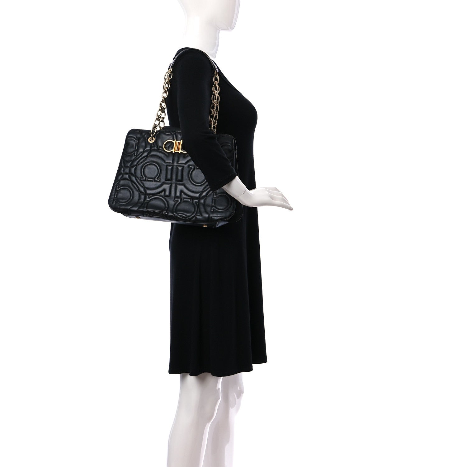 Salvatore Ferragamo Calfskin Quilted Gancini Shoulder Bag Black 2 of 9