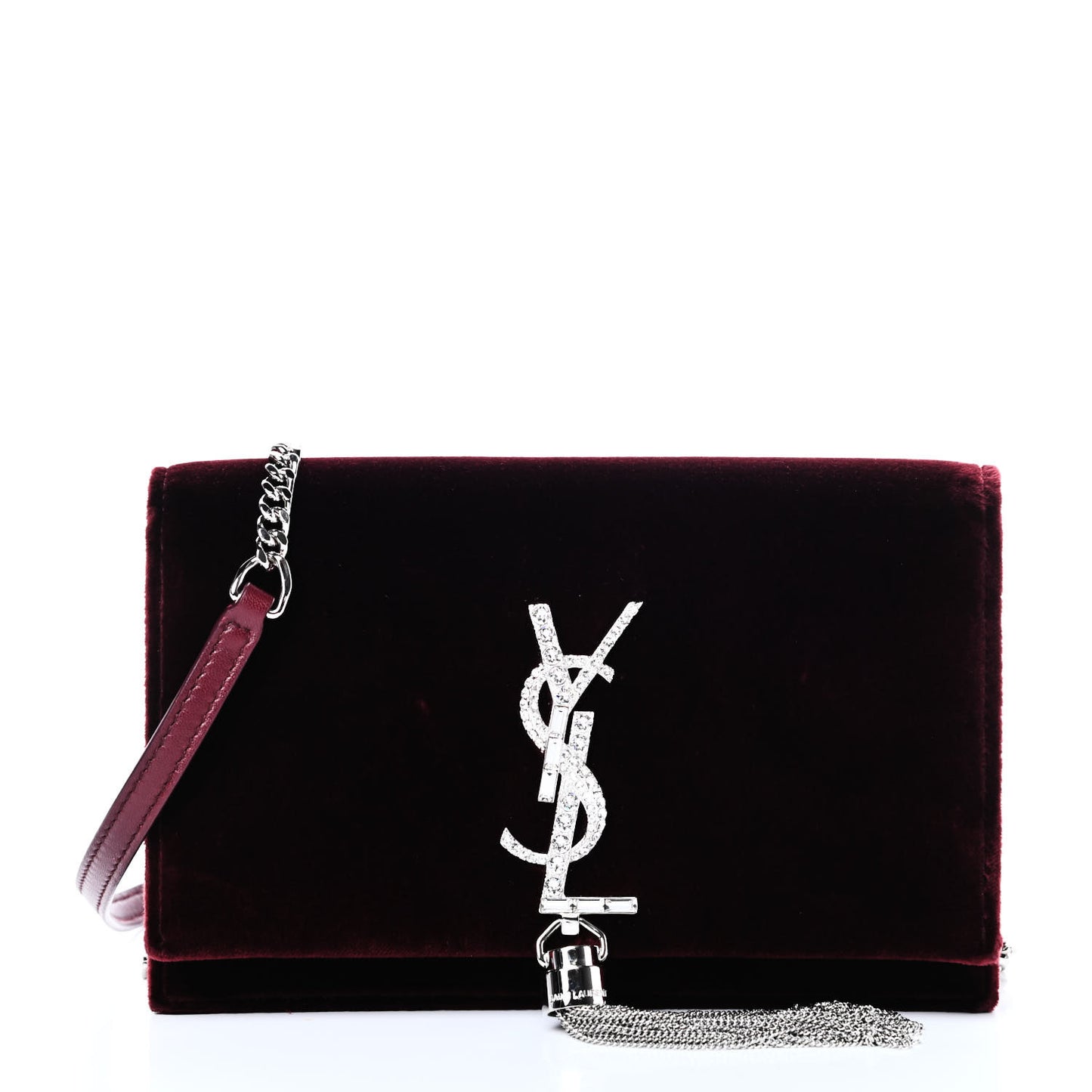 Velvet Crystal Monogram Kate Tassel Shoulder Bag Burgundy