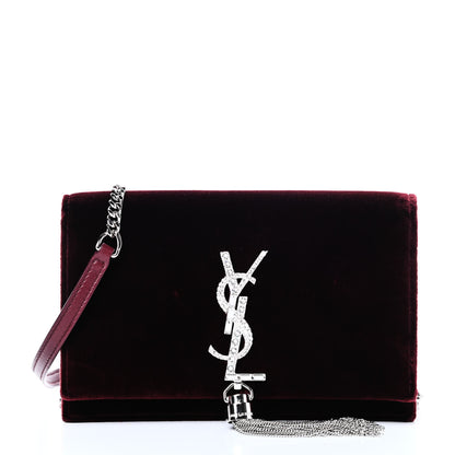Saint Laurent Velvet Crystal Monogram Kate Tassel Shoulder Bag Burgundy 1 of 14