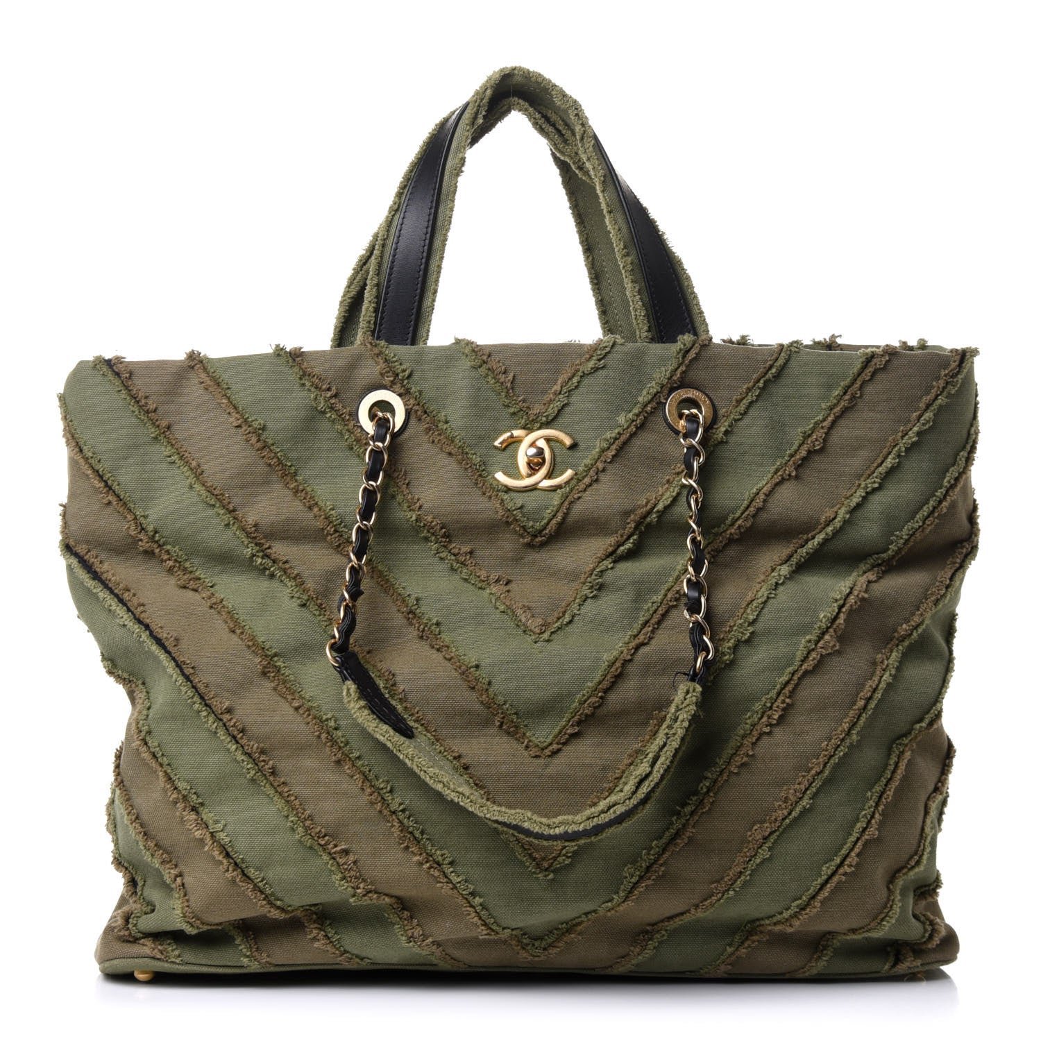 Chanel Canvas Chevron Cuba Patchwork Shopper Tote Khaki 1 of 10