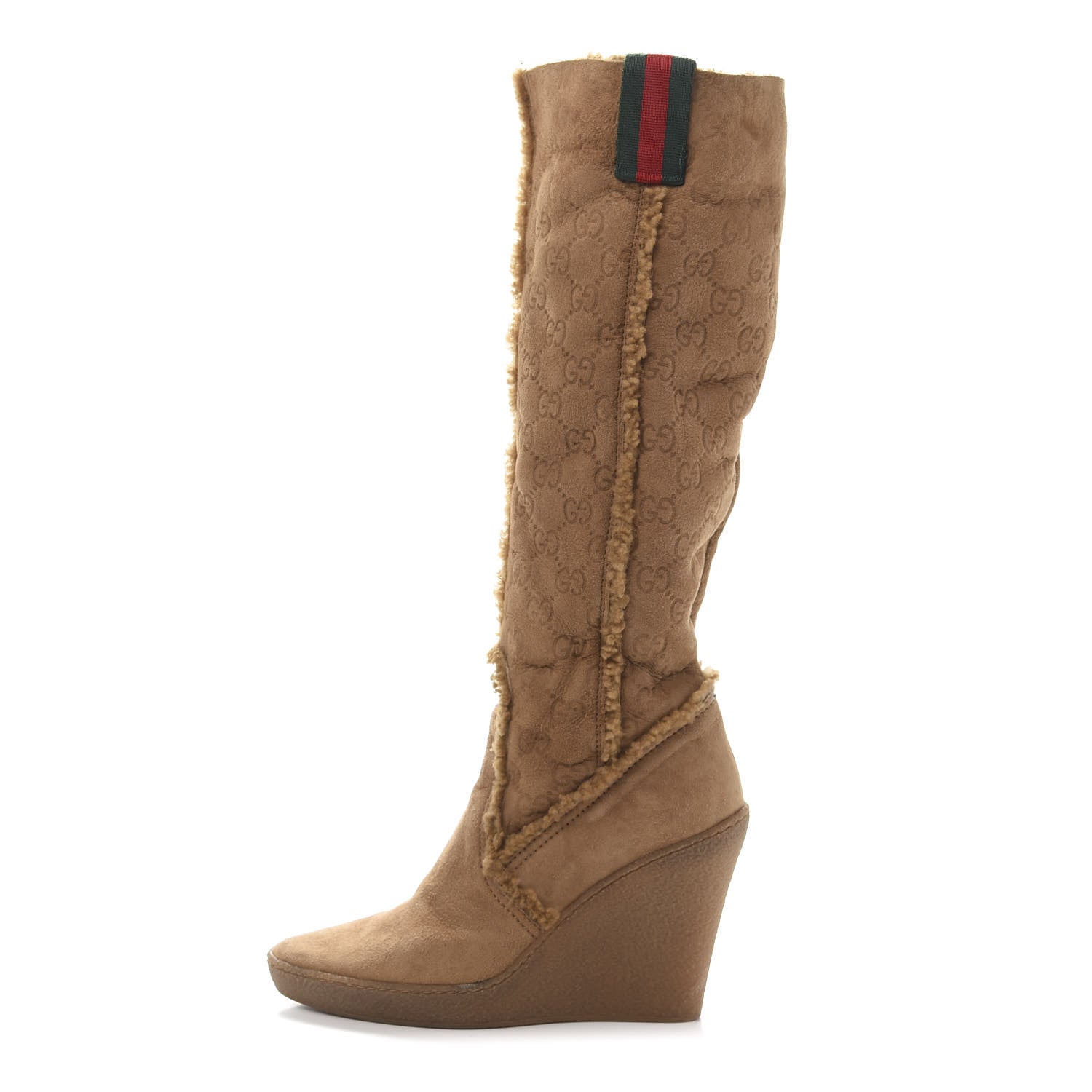 Gucci Suede Shearling Fur Microguccissima Courtney Tall Wedge Boots 5.5 Beige 1 of 6