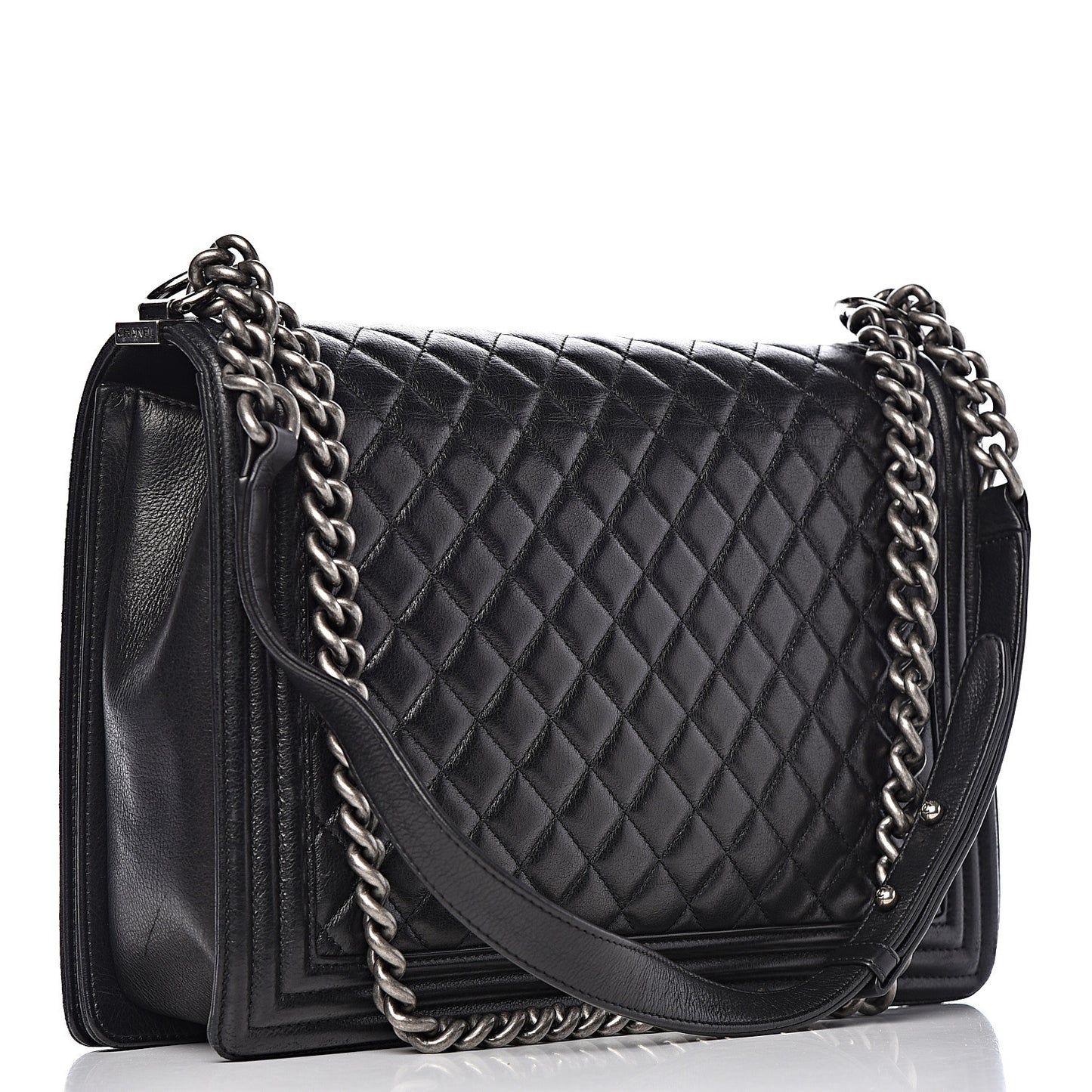 Calfskin Quilted Large Boy Flap Black