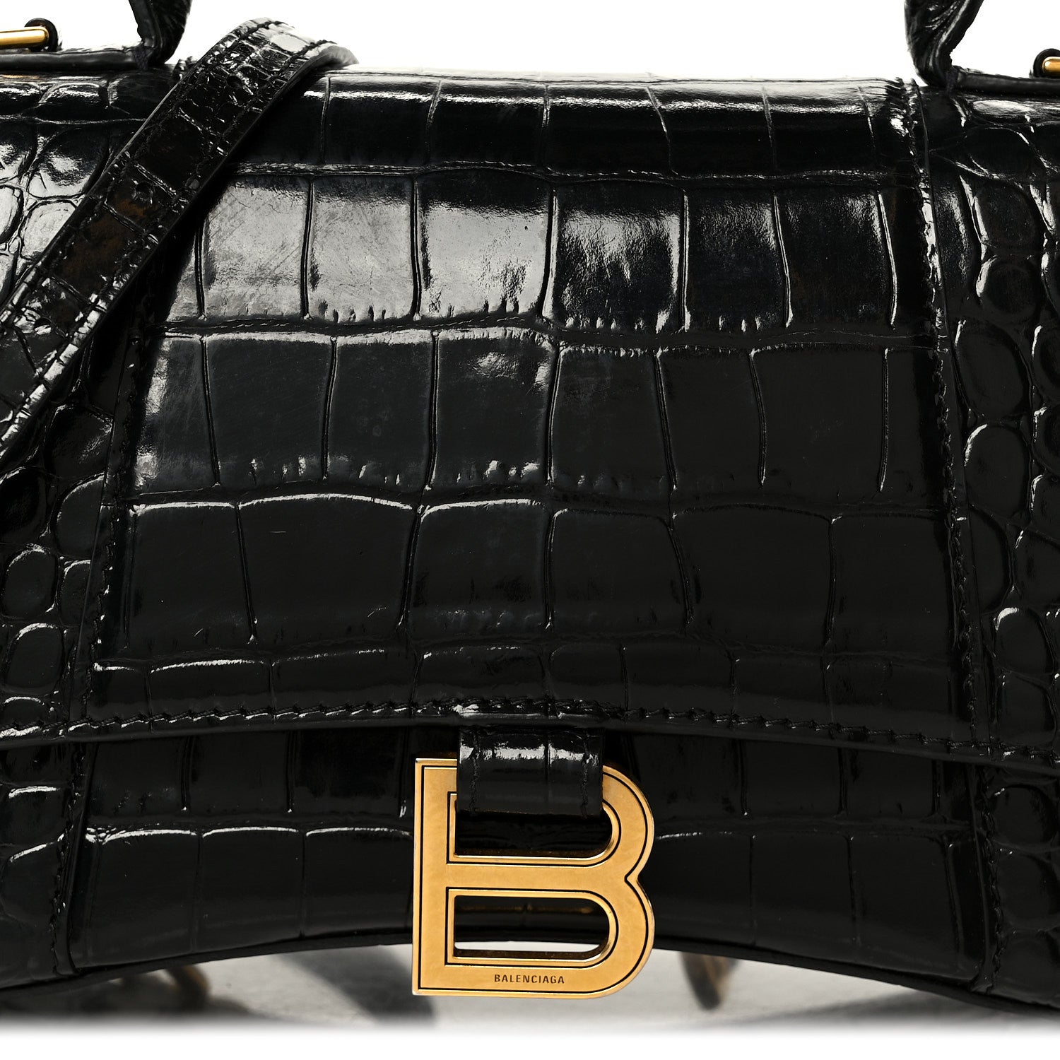 Balenciaga Shiny Calfskin Crocodile Embossed Small Hourglass Top Handle Bag Black 9 of 11