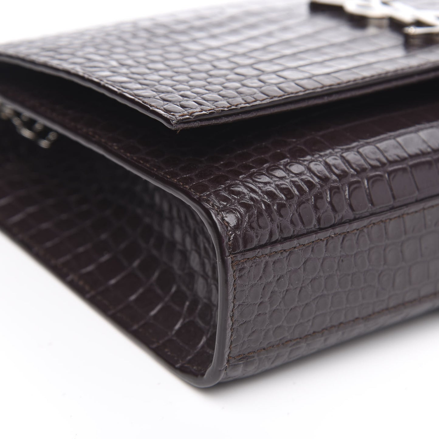Calfskin Crocodile Embossed Medium Classic Monogram Kate Tassel Satchel Dark Brown