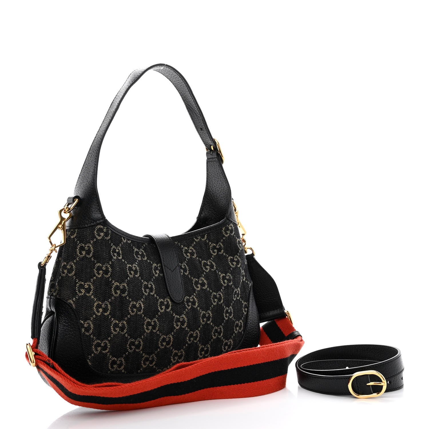 Gucci Jacquard Denim GG Monogram Small Jackie 1961 Hobo Black Ivory 3 of 11
