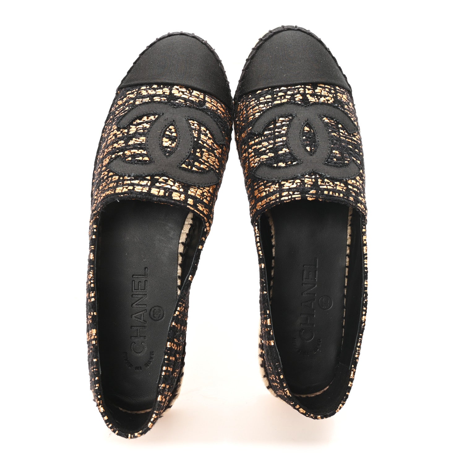 Chanel Metallic Tweed Grosgrain CC Espadrilles 38 Gold Black 2 of 11